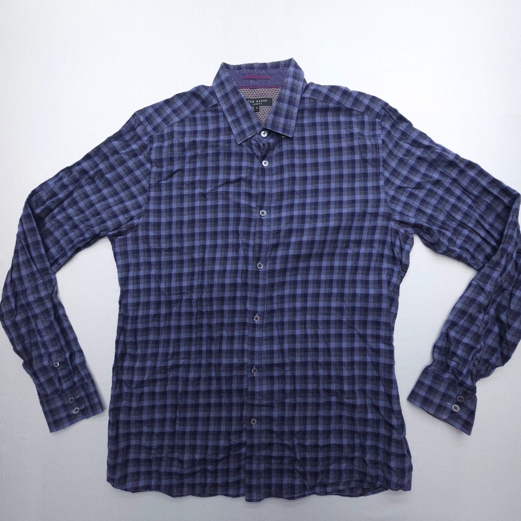 Ted Baker Ted Baker London Button-Up Shirt Mens S Blue Plaid Cotton Knit-Down Collar Casual Business Formal Preppy Size US S / EU 44-46 / 1 - 6 Thumbnail