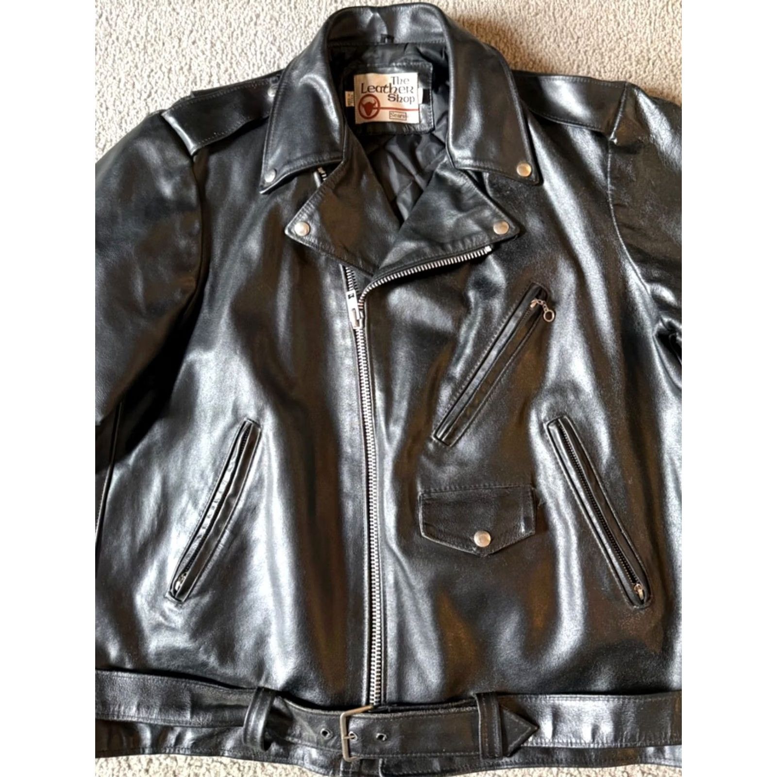 Sears VINTAGE Sears The Leather Shop Leather Biker Jacket Mens 48 Tall Black 70s Size US M / EU 48-50 / 2 - 3 Thumbnail