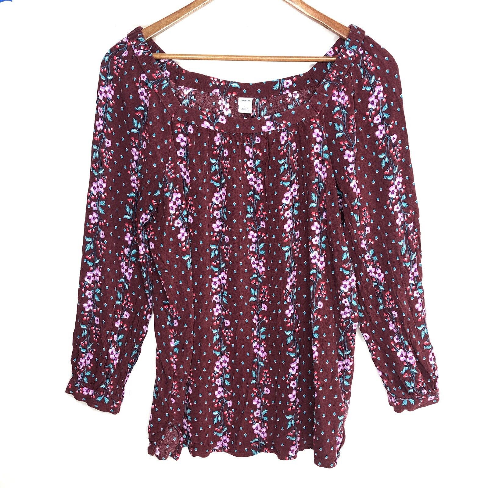 Old Navy Burgundy Old Navy Dark Floral Square Neckline Blouse Sz: L Size L / US 10 / IT 46 - 1 Thumbnail