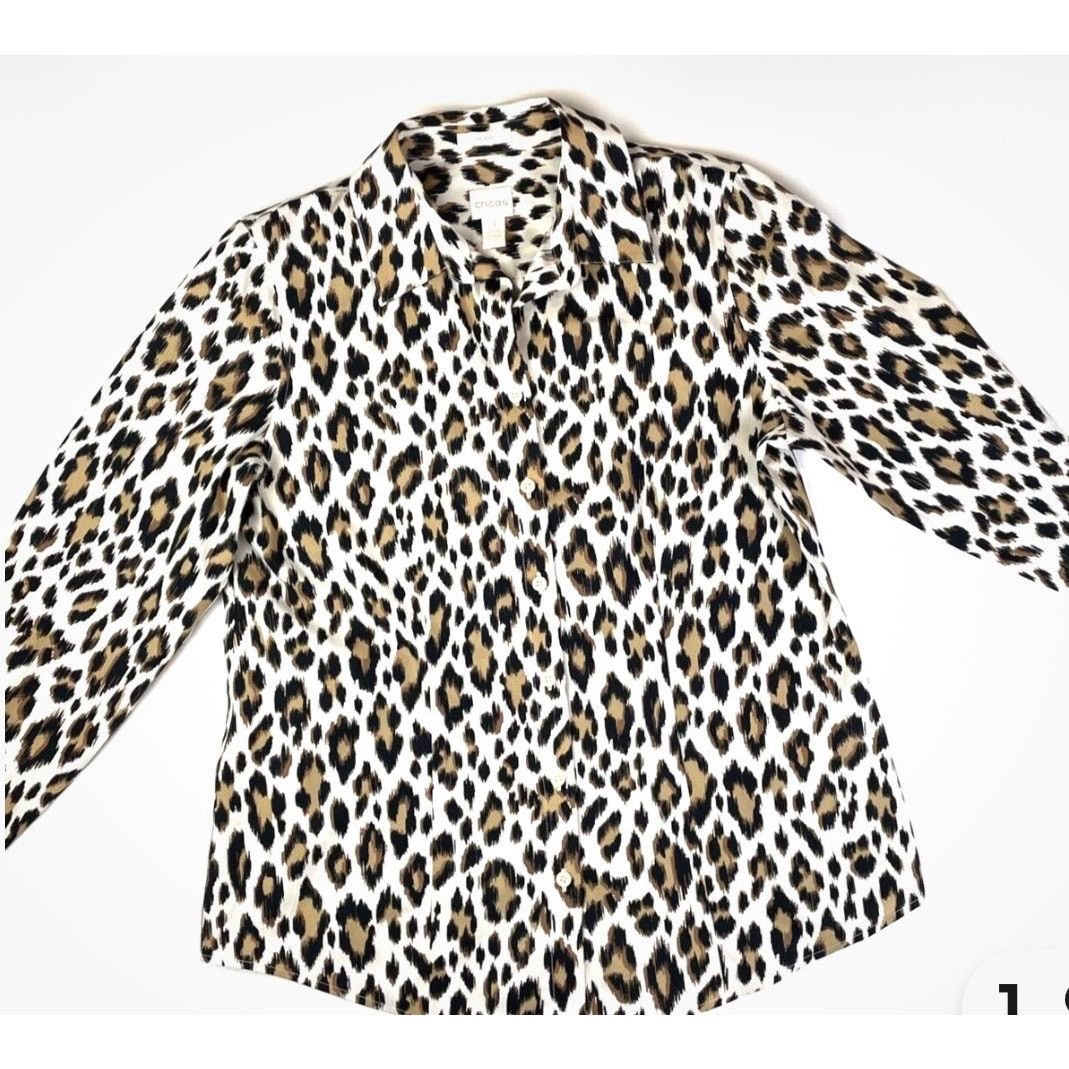 Chicos Chico’s Leopard Print No Iron Blouse Sz 1 Cotton Button Up Size M / US 6-8 / IT 42-44 - 8 Thumbnail