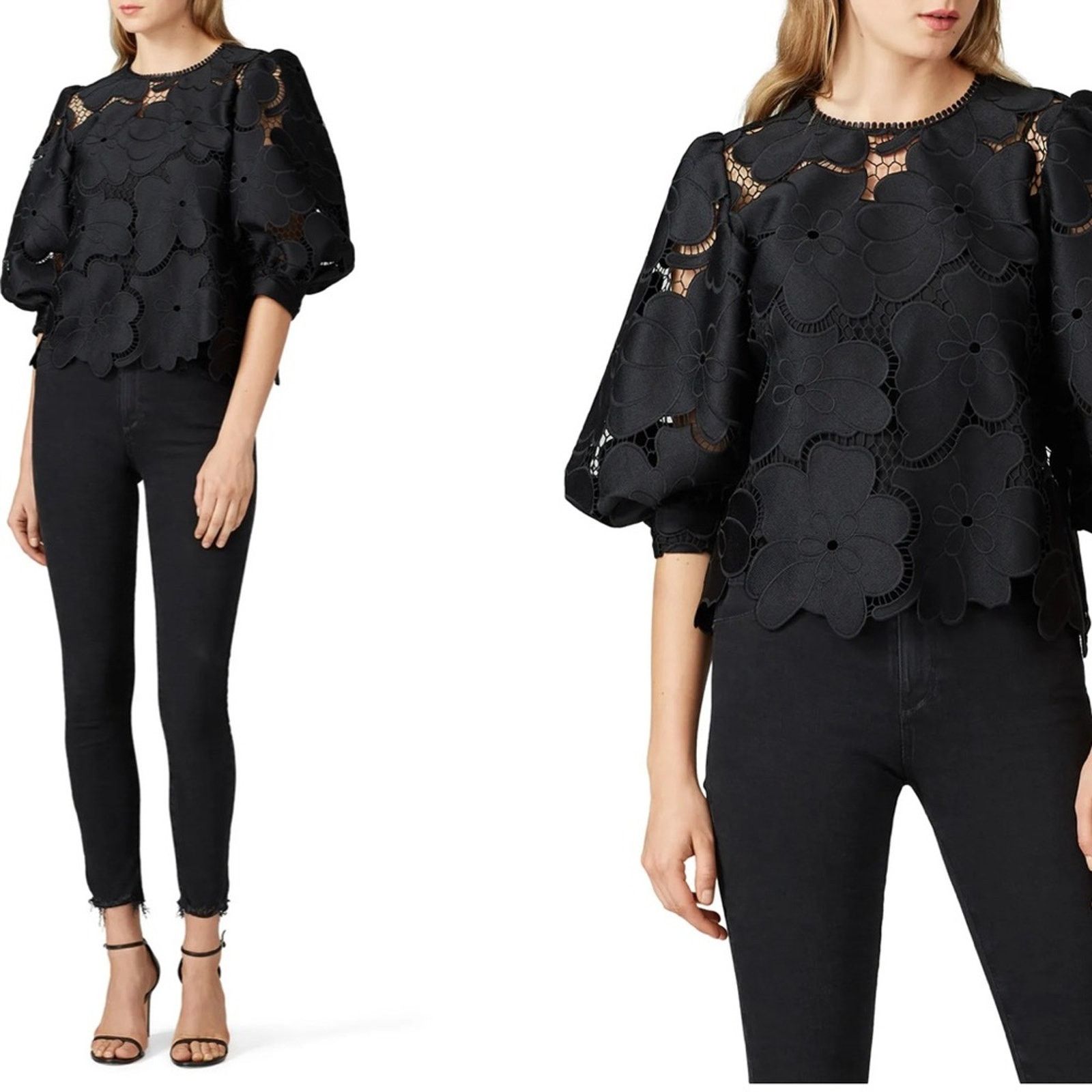 Hunter Bell Hunter Bell Peyton Puff Sleeve Black Floral Embroidered Top Size XS / US 0-2 / IT 36-38 - 1 Thumbnail