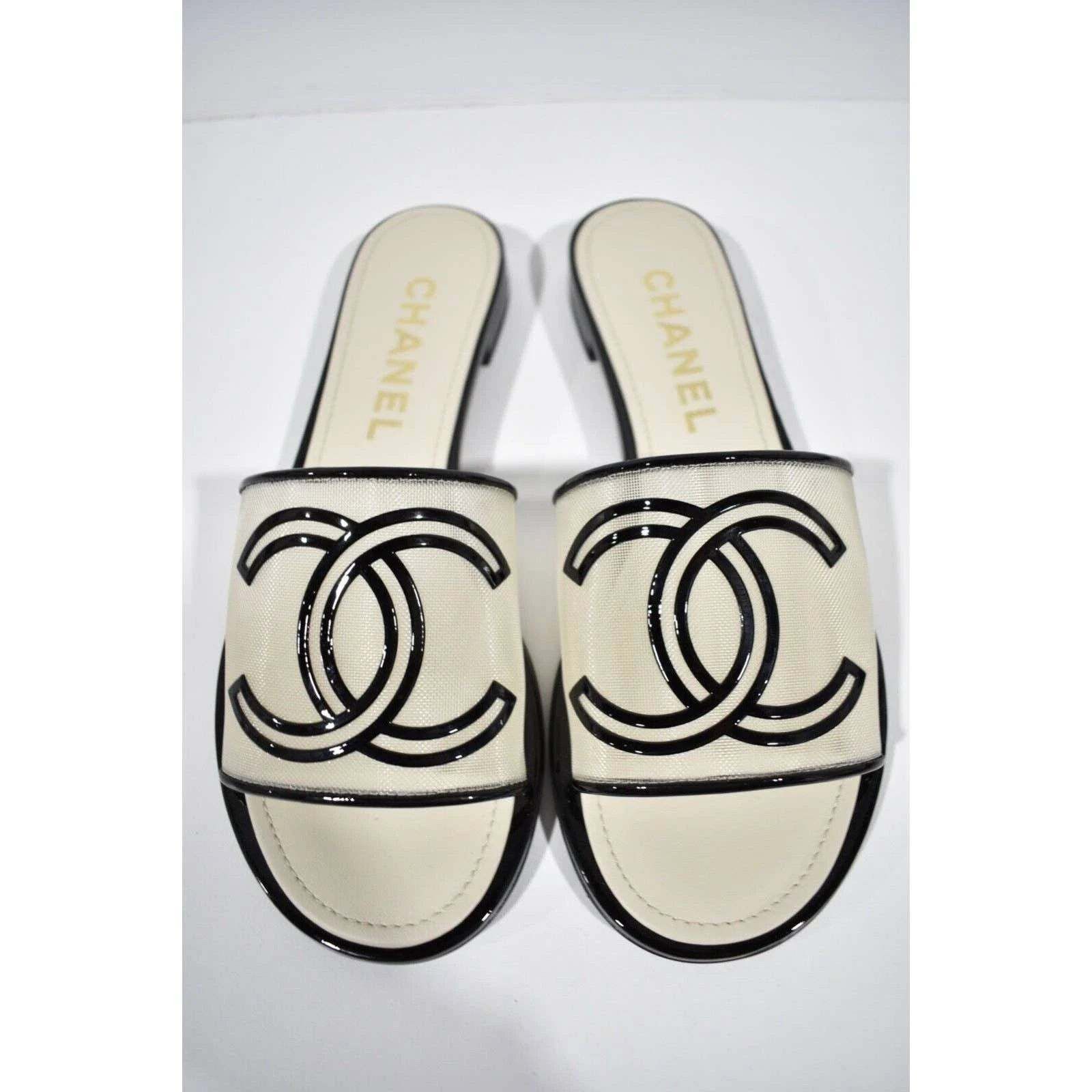 Chanel Chanel 21S Black Beige Mesh Patent CC Logo Slide Sandal Size US 7.5 / IT 37.5 - 11 Thumbnail