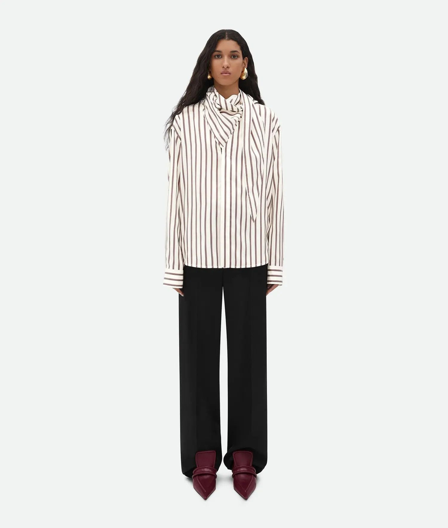 Bottega Veneta o1bcso1str0725 Silk Bicolor Striped Shirt in White/Brown Size L / US 10 / IT 46 - 4 Thumbnail