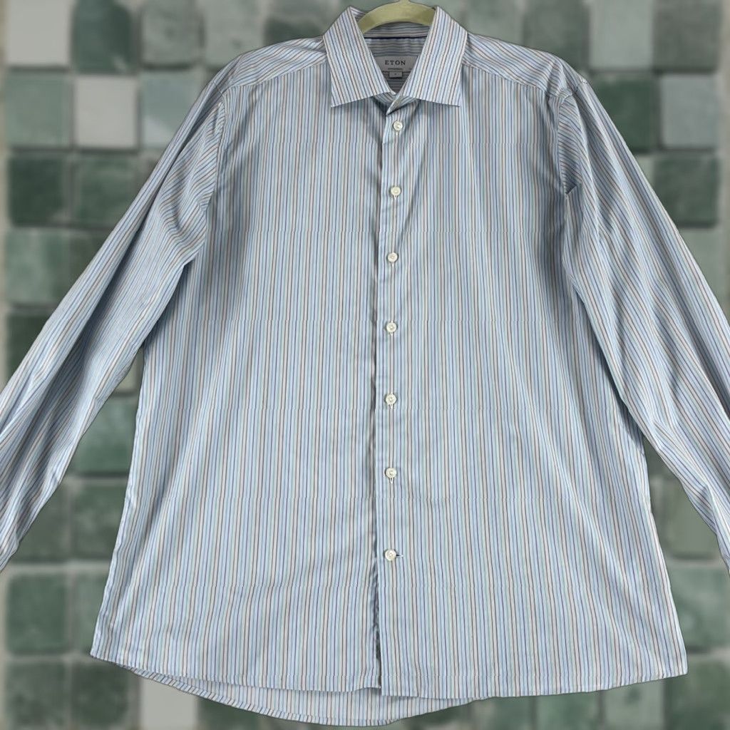 Eton Eton Blue Stripe Contemporary Button-Up Shirt Mens Long Sleeve Cotton XL Size US XL / EU 56 / 4 - 1 Thumbnail