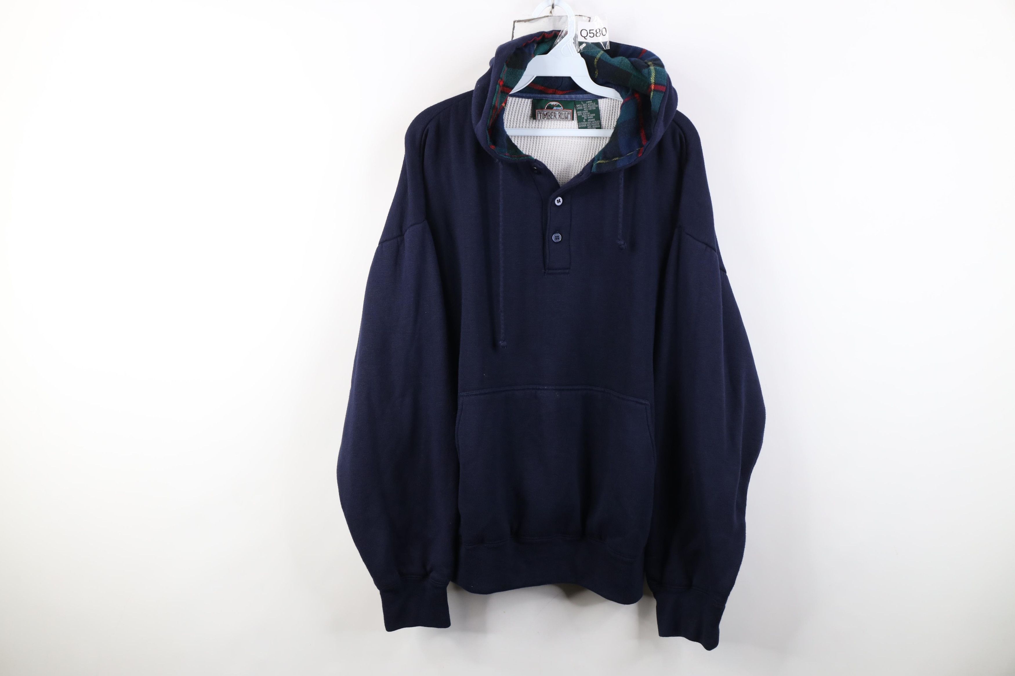 Vintage Vintage 90s Streetwear Waffle Knit Lined Henley Hoodie Blue Size US L / EU 52-54 / 3 - 1 Thumbnail