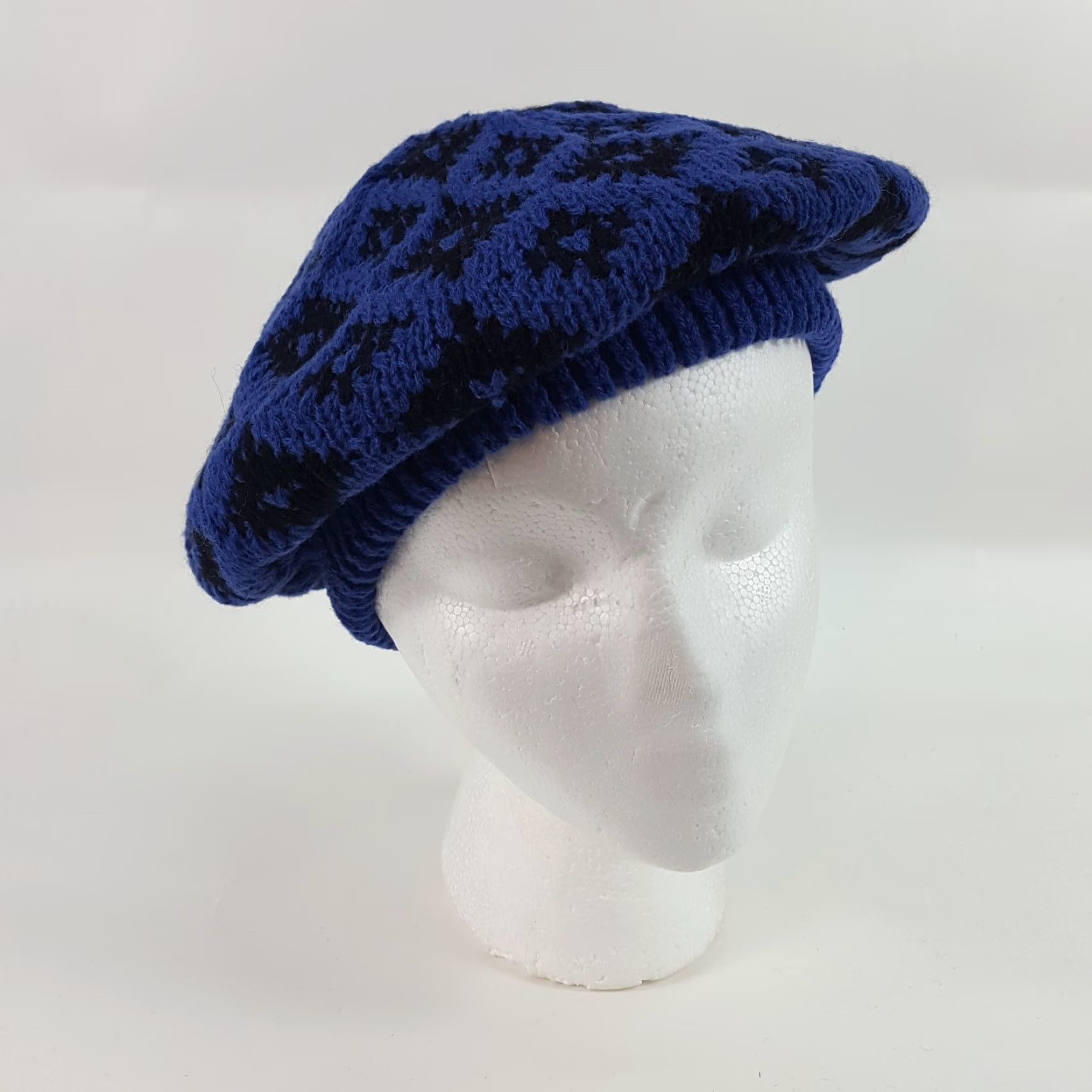 Vintage VINTAGE Vintage 80s Knit Wool Blue Diamond French Beret Warm Winter Hat Womens One Size Size ONE SIZE - 2 Thumbnail