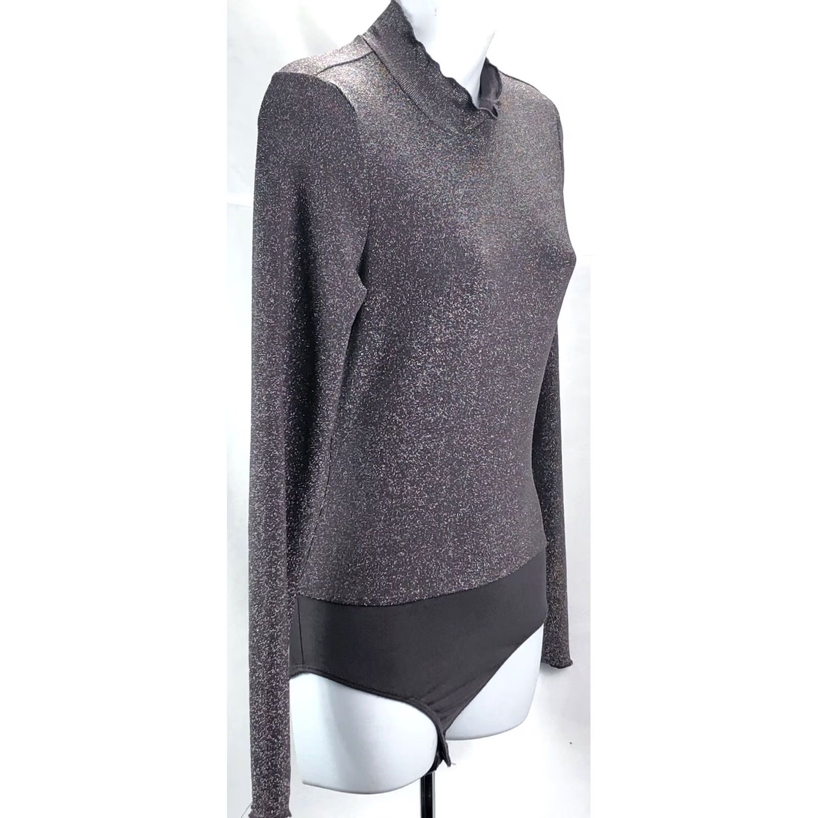 Vintage Altar'd State Body Suit S Gray Glitter Ruffles Mock turtleneck Long Sleeve Women Size S / US 4 / IT 40 - 2 Thumbnail