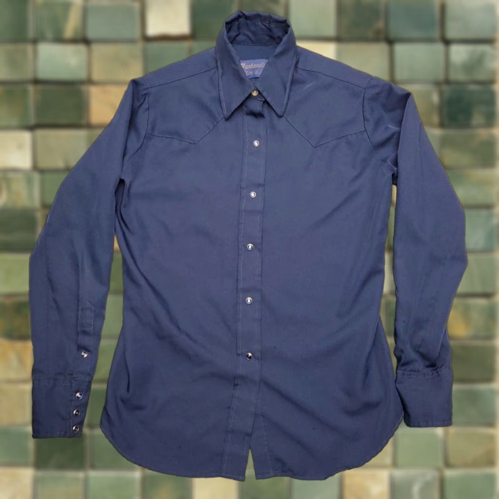 Vintage VTG Panhandle Slim Shirt Womens 14/36 Blue Pearl Snap Western 100% Dacron USA Shirt Woman 14 Blue Pearl Snap Western 100% Dacron USA Size XL / US 12-14 / IT 48-50 - 1 Thumbnail