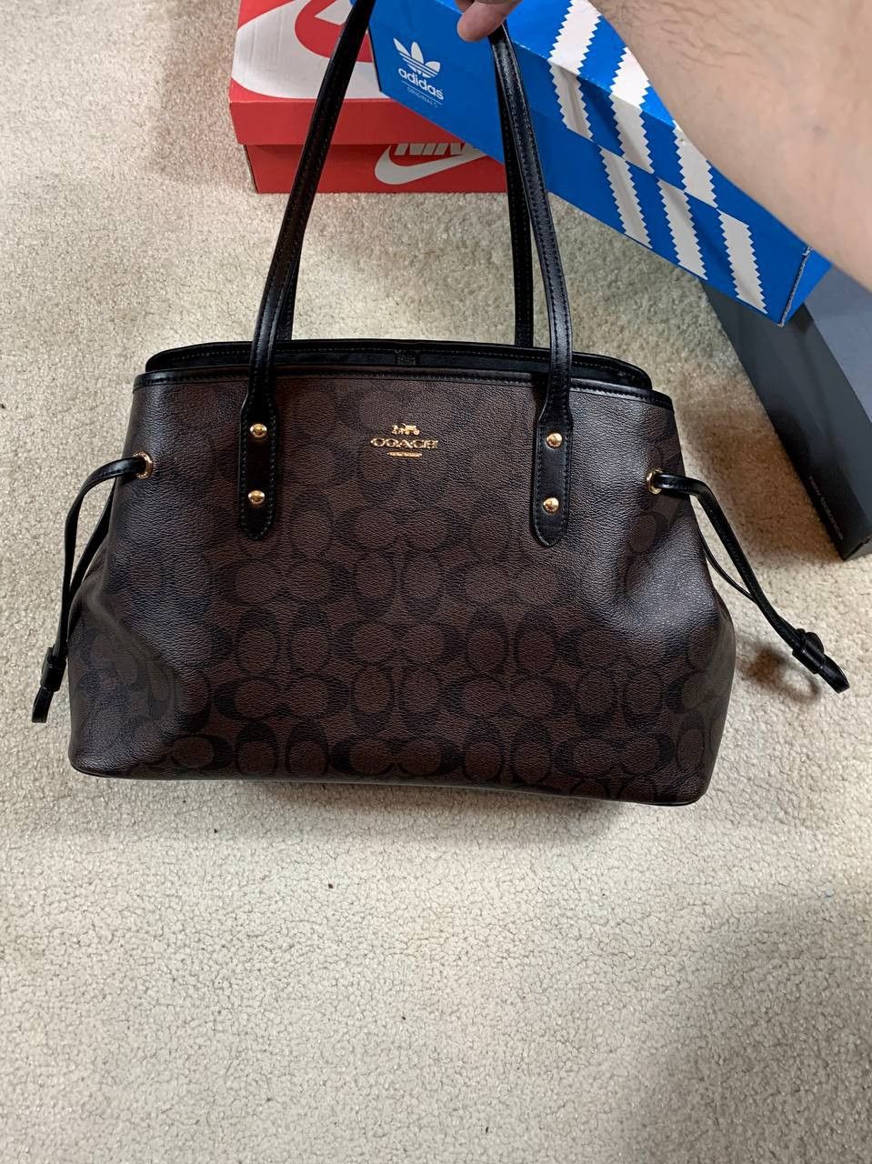 image of Coach Drawstring Black/brown Signature Monogram Tote Bag, Women's