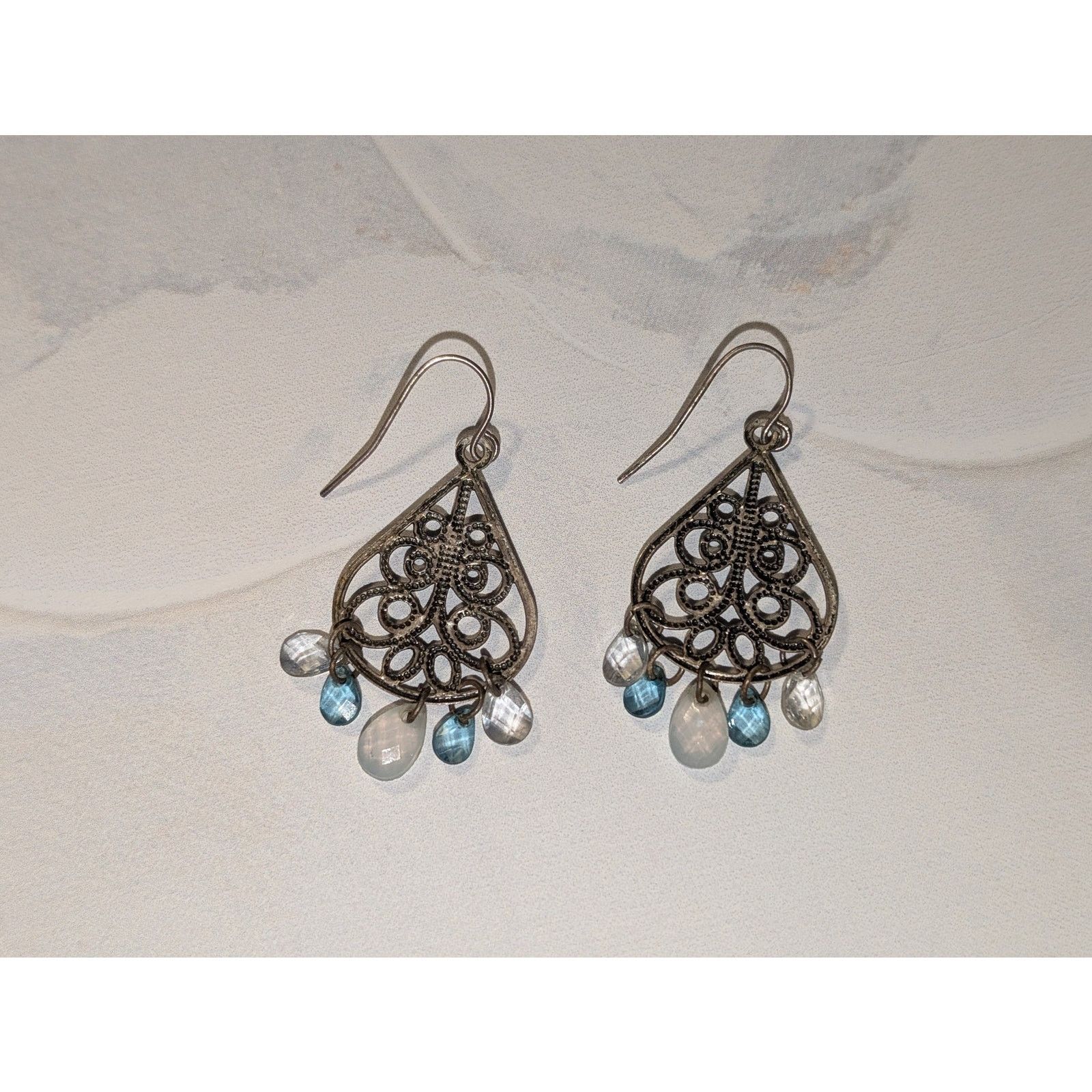 Vintage VTG 1980s Silver-Tone Blue Glass Teardrop Dangle Earrings Size ONE SIZE - 3 Thumbnail