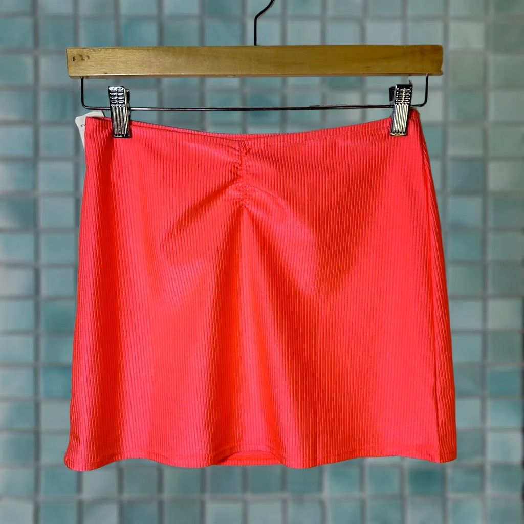 Vintage Aerie Mini Skirt NS Ribbed Neon Pink NWT Small Ruched Back Pull On Short Womens Summer Spring Knit Solid Logo Pattern Size 28" / US 6 / IT 42 - 1 Thumbnail