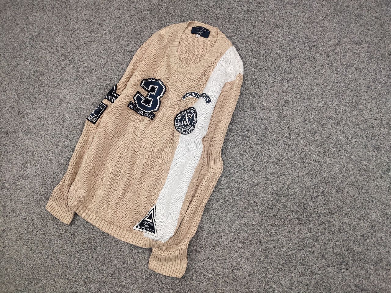 Japanese Brand Vintage 90's Polo Skarpa Sports Knit beige Patchwork Sweater Size US L / EU 52-54 / 3 - 2 Thumbnail