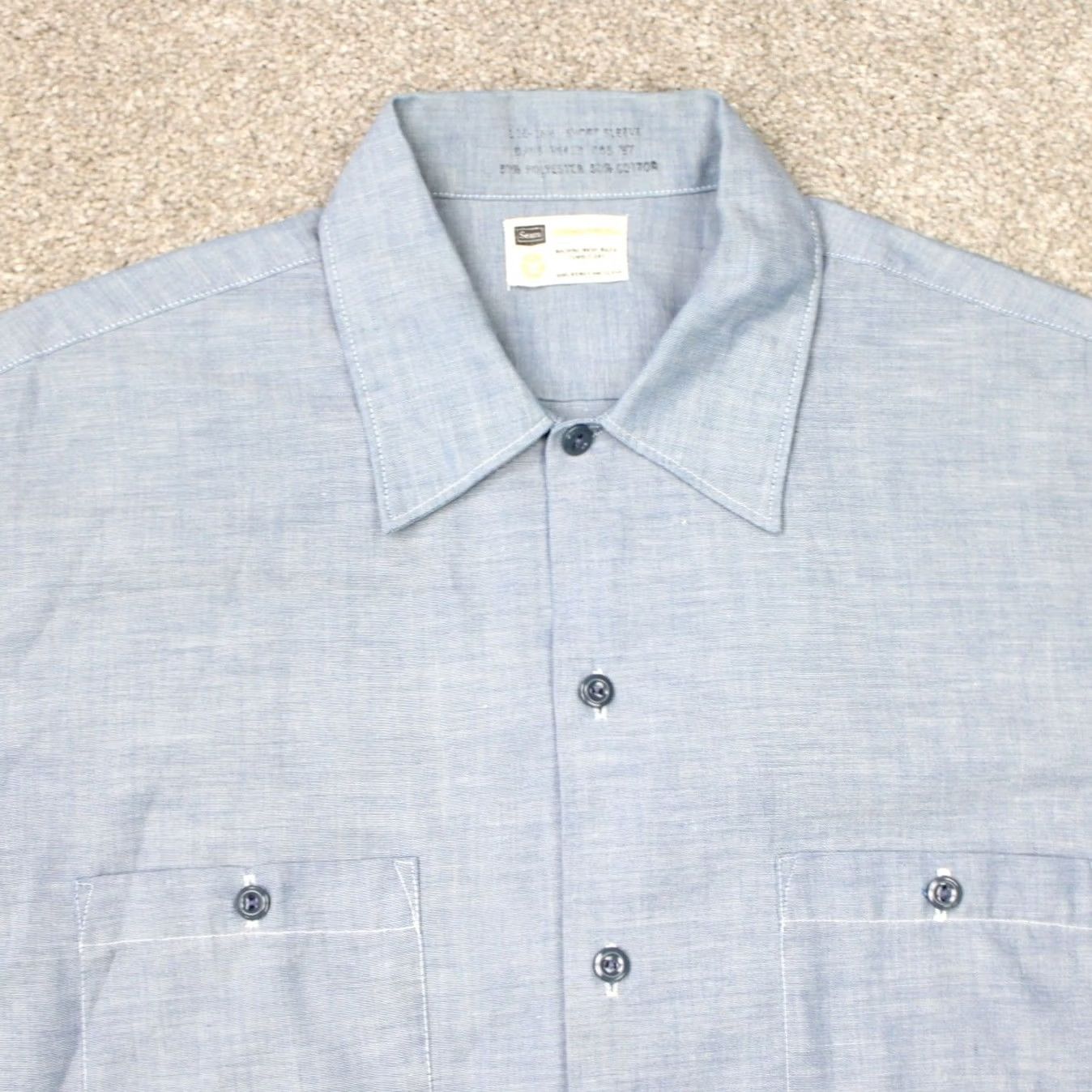 Sears VTG Sears Dress Shirt Mens Large 16-16 1/2 Blue Perma Prest Poly/Cotton S/S Shirt Mens L Blue 50 in Chest 16-16 1/2 Size 42R - 3 Thumbnail