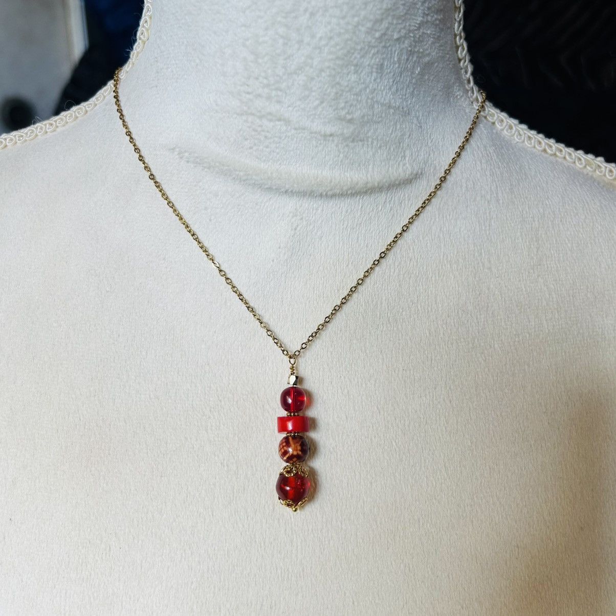 Handmade Handcrafted vintage bead red coral wood glass drop necklace Size ONE SIZE - 2 Thumbnail