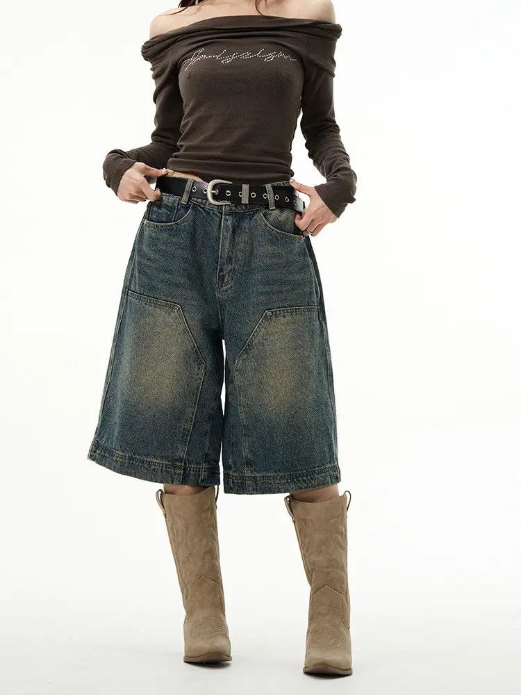 Japanese Brand × Jean Retro loose wide leg straight leg denim shorts Size US 32 / EU 48 - 3 Thumbnail