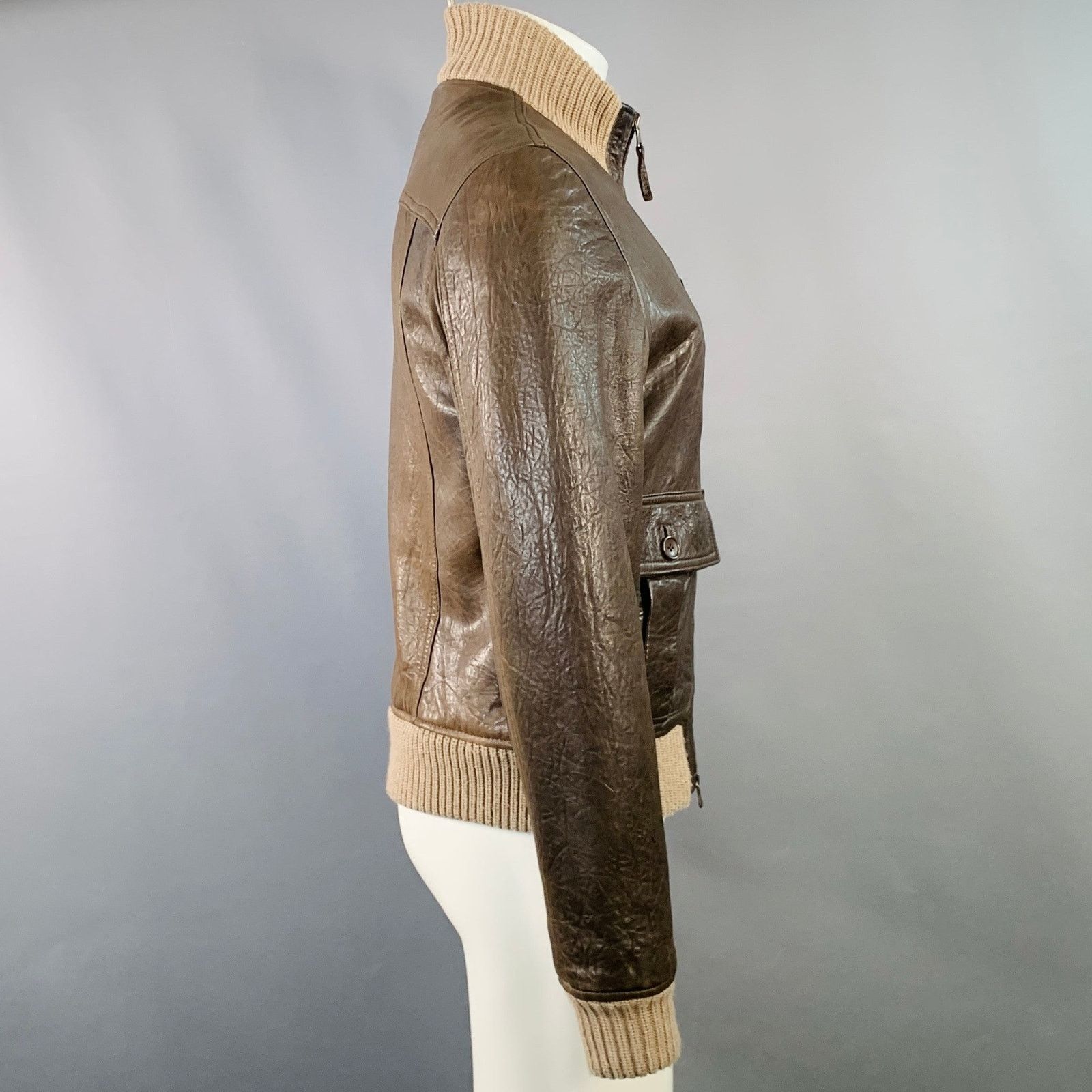 Daniele Alessandrini Size S Brown Ribbed Leather Bomber Jacket Size US S / EU 44-46 / 1 - 3 Thumbnail