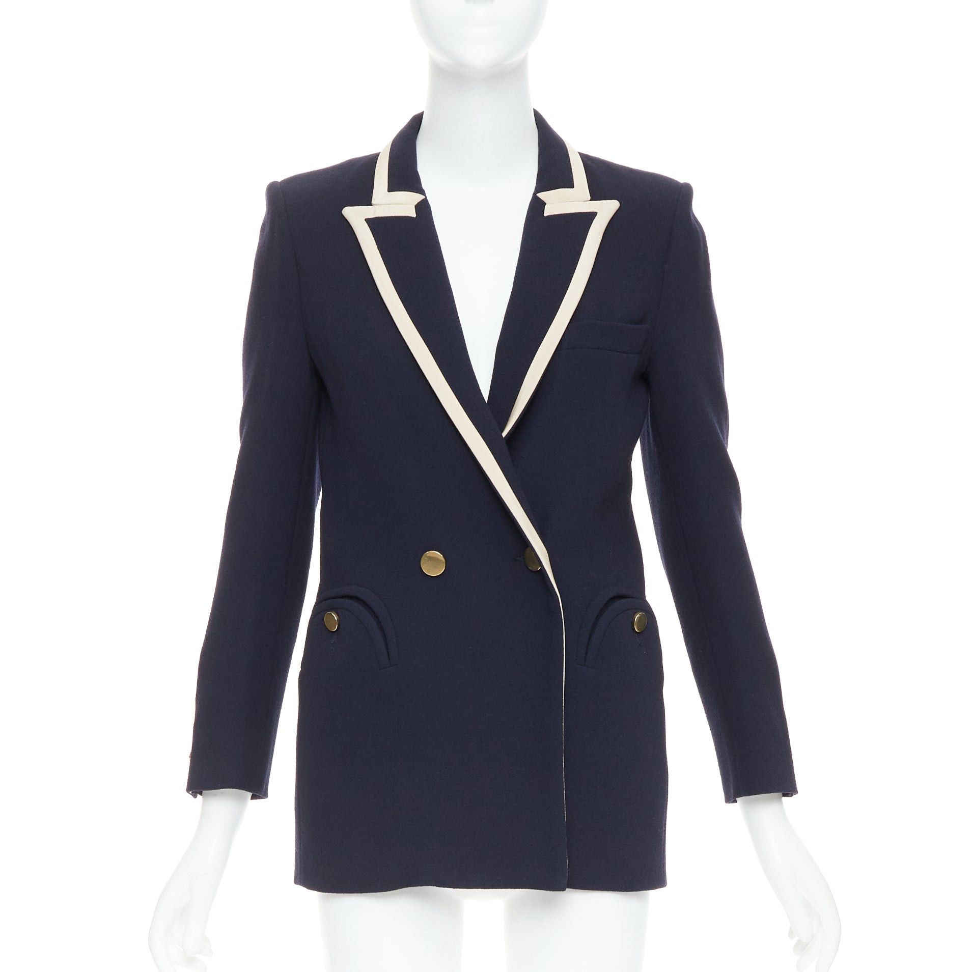 Blaze BLAZE MILANO Everyday navy virgin wool cream silk trim curved pocket blazer US0 XS Size XS / US 0-2 / IT 36-38 - 1 Thumbnail