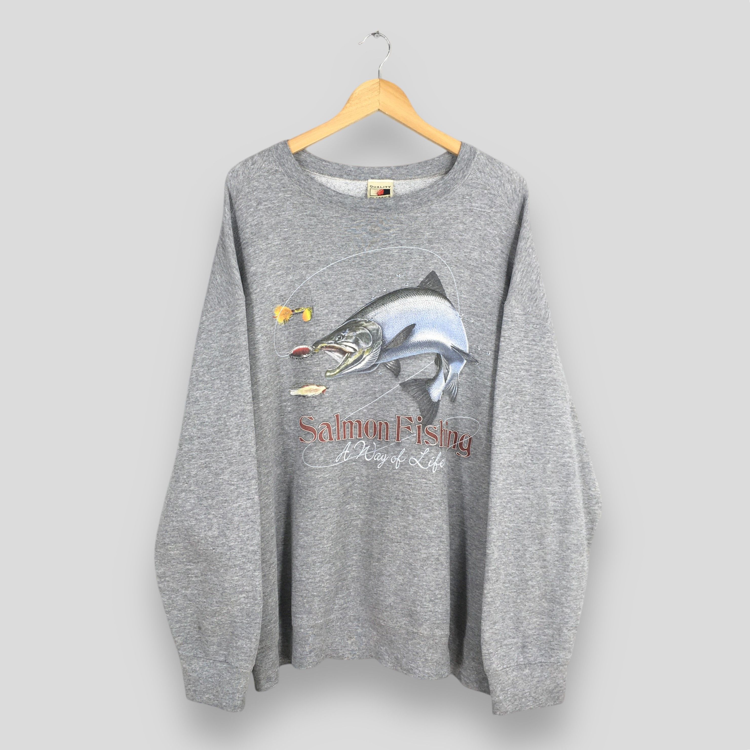 Habitat Vintage 90s Salmon Fishing Gray Sweatshirt 2XLarge Size US XXL / EU 58 / 5 - 1 Thumbnail