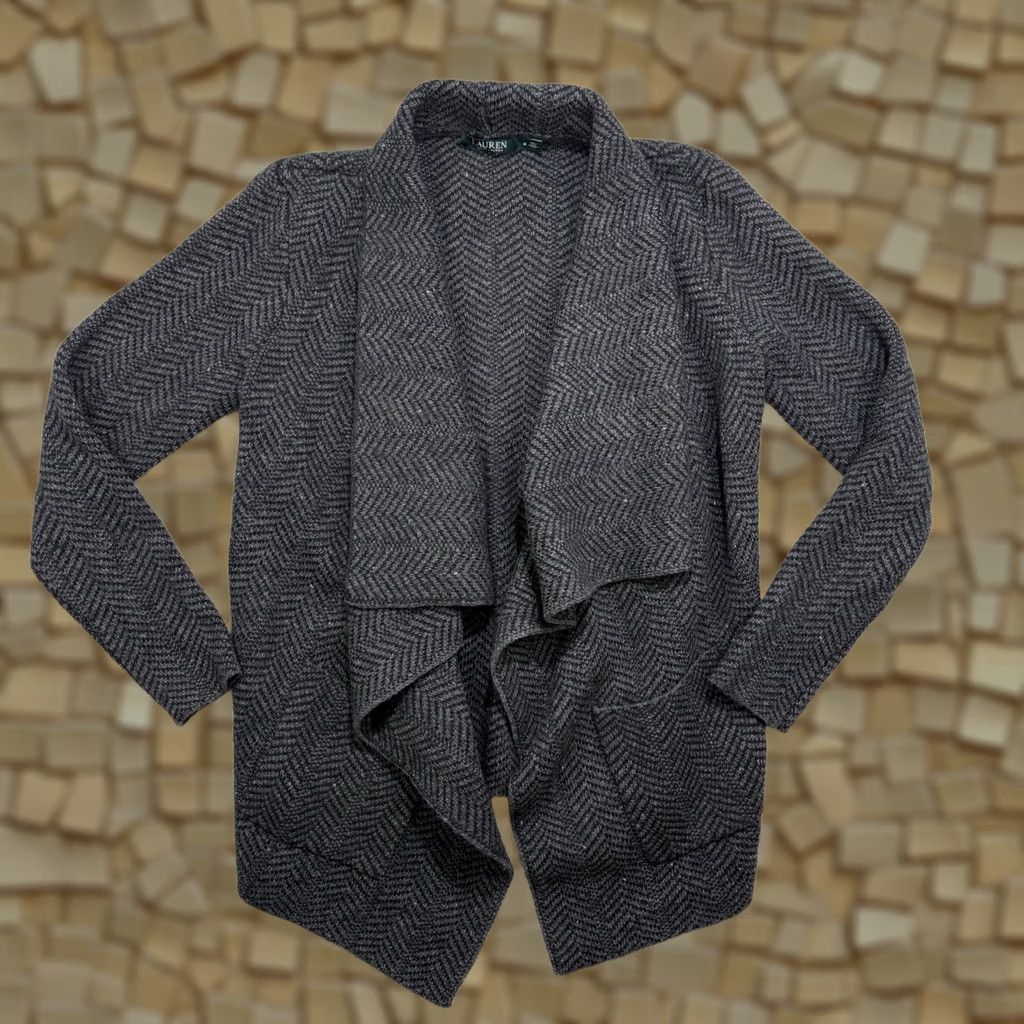 Ralph Lauren VINTAGE Lauren Ralph Lauren Womens Cardigan Open Front Herringbone Wool Blend M Gray Sweatshirt Style Cardigan Womens M Size M / US 6-8 / IT 42-44 - 1 Thumbnail
