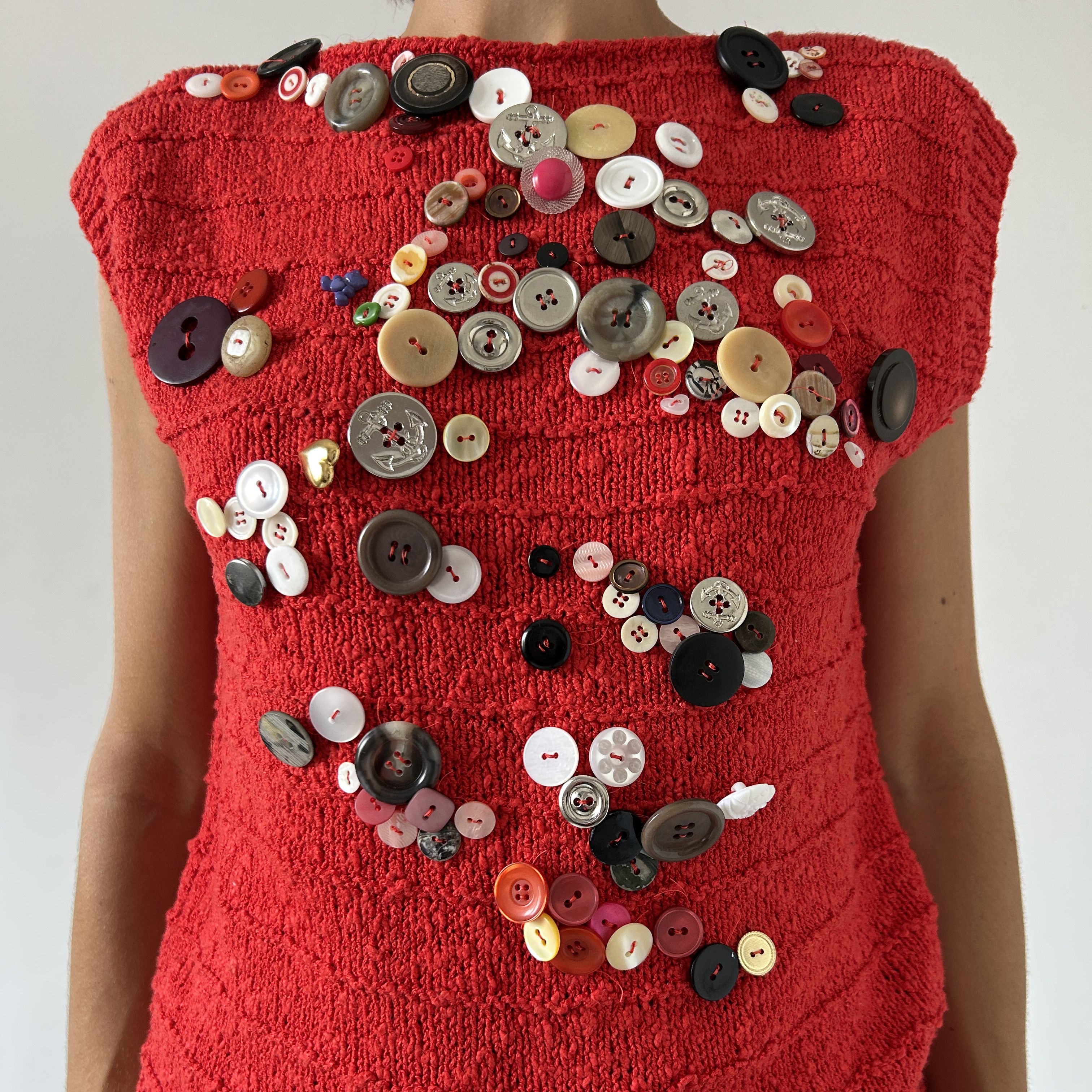 Custommade Reworked Hand-Knit Red Vest: Vintage Button Embellished Top Size ONE SIZE - 2 Thumbnail