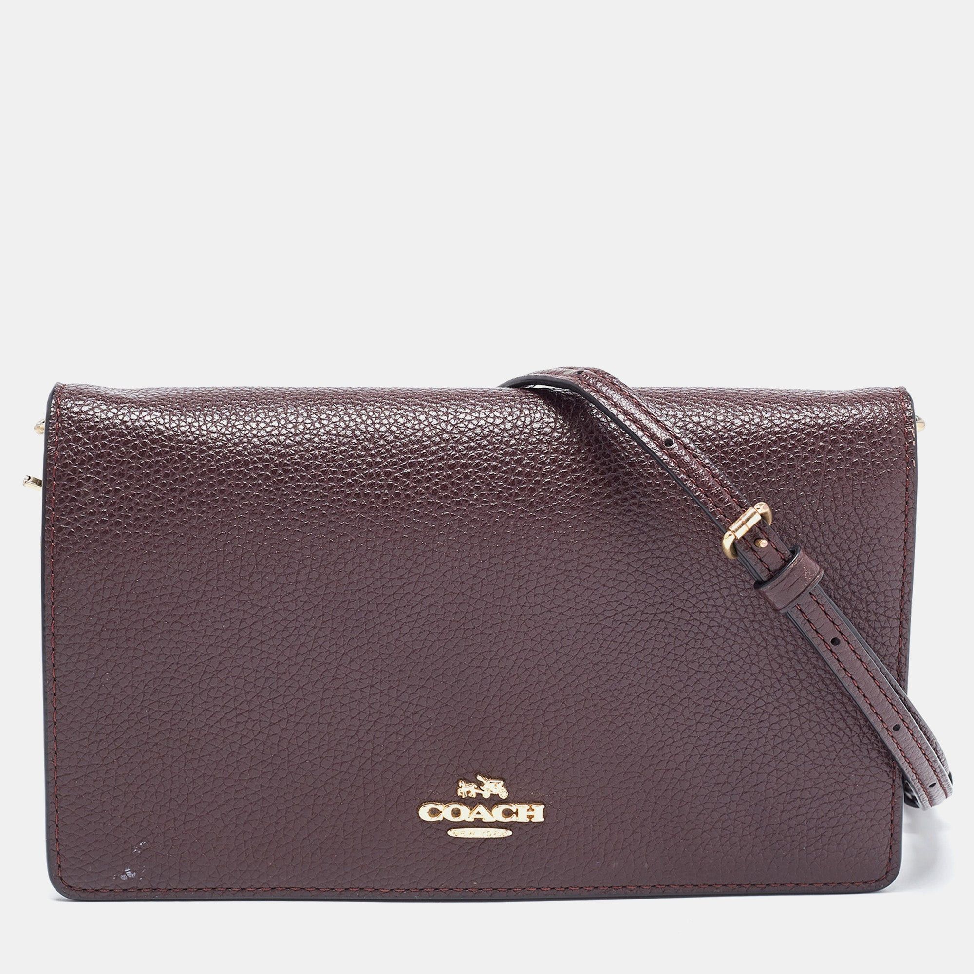 image of Coach Dark Brown Pebbled Leather Hayden Foldover Clutch Bag, Women's