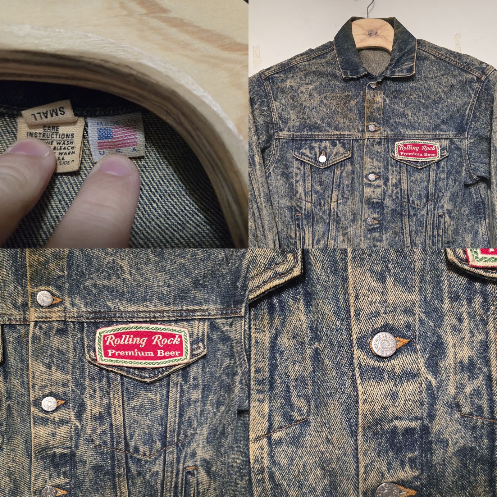 Vintage VINTAGE Rolling Rock Jean Jacket Mens Small Patch Embossed 80s Acid Wash Denim Bomber Jacket Blue Size US 29 - 9 Thumbnail