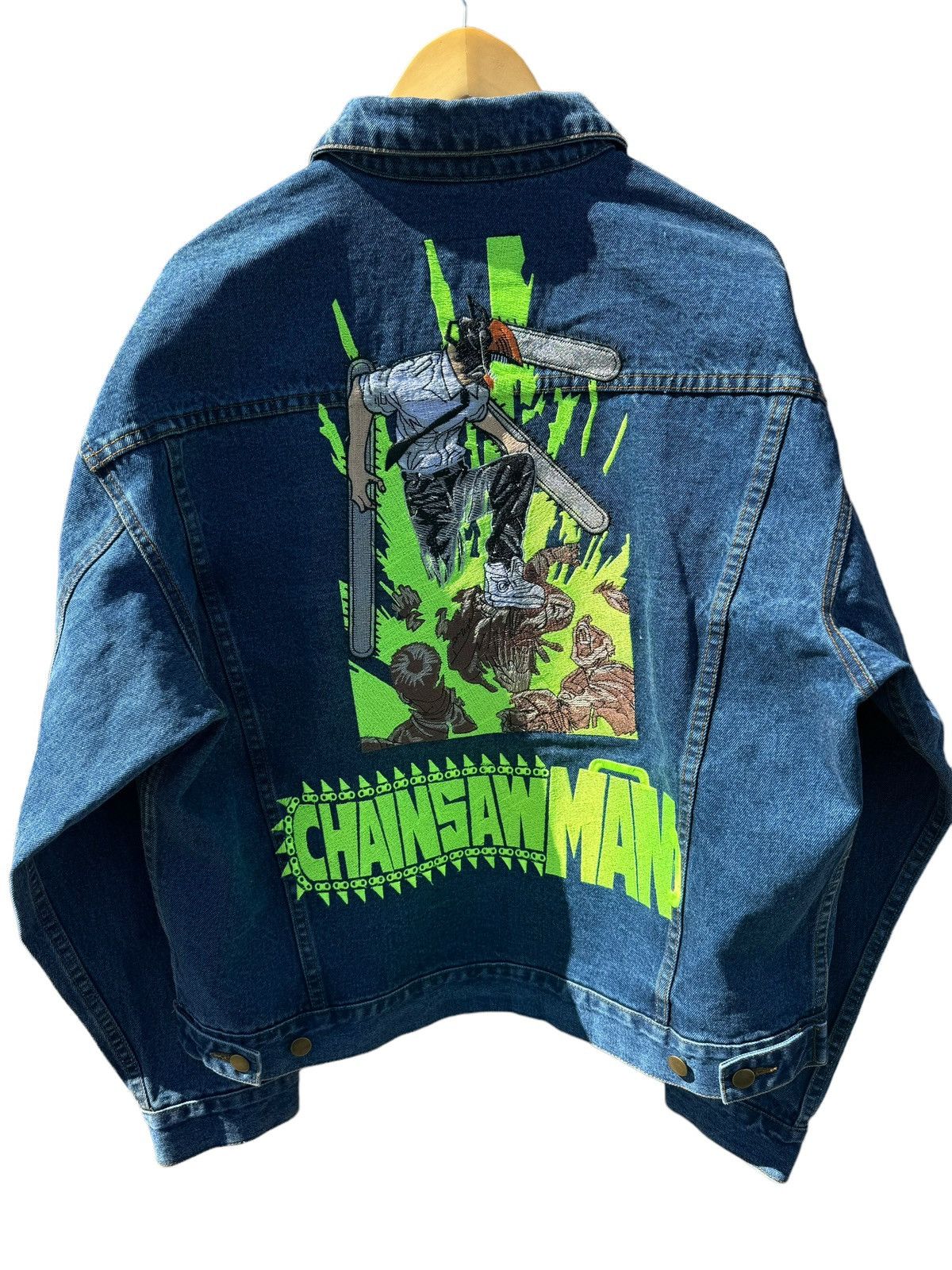 image of Chainsaw Man Vintage Denim Jacket Anime Dbz One Piece in Blue, Men's (Size XL)