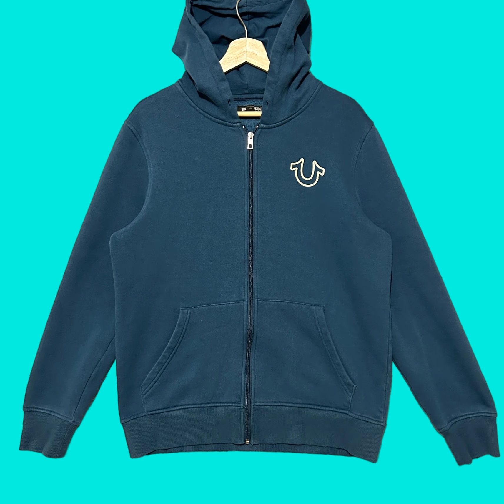 VINTAGE True Religion Hoodie Men Medium Blue Fleece Logo Full Zip