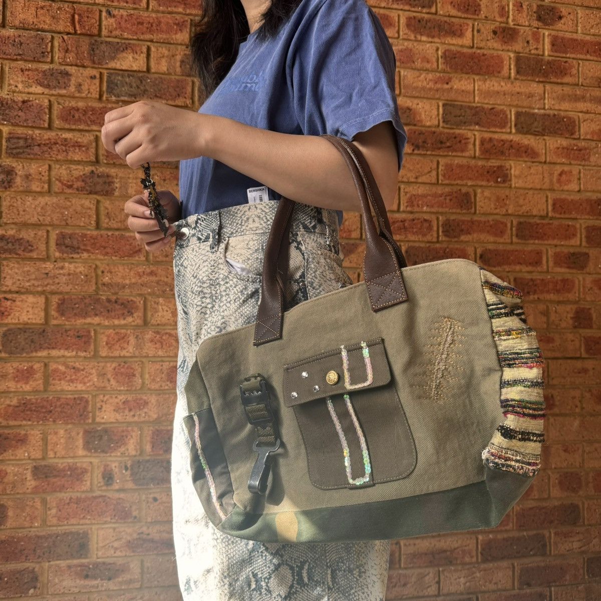 Vintage Le Solim khaki and brown canvas shoulder bag Size ONE SIZE - 3 Thumbnail