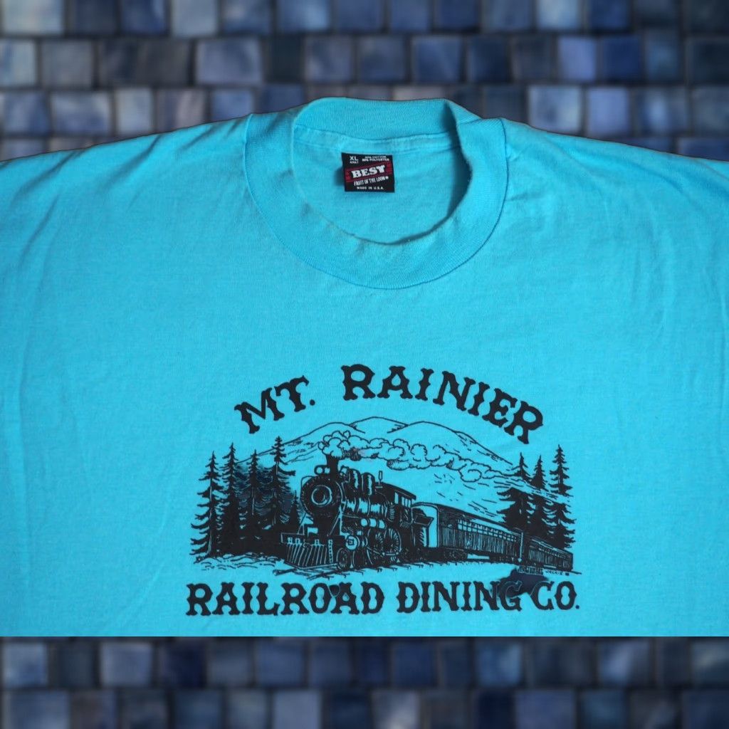 Fruit Of The Loom VINTAGE Fruit of the Loom Tee T-Shirt XL Blue 90s 80s Mt Rainier Railroad USA Made PNW Mens Size US XL / EU 56 / 4 - 1 Thumbnail