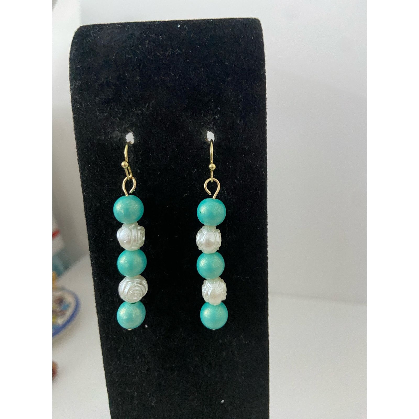 Handmade teal and white rose bead earrings Size ONE SIZE - 1 Thumbnail