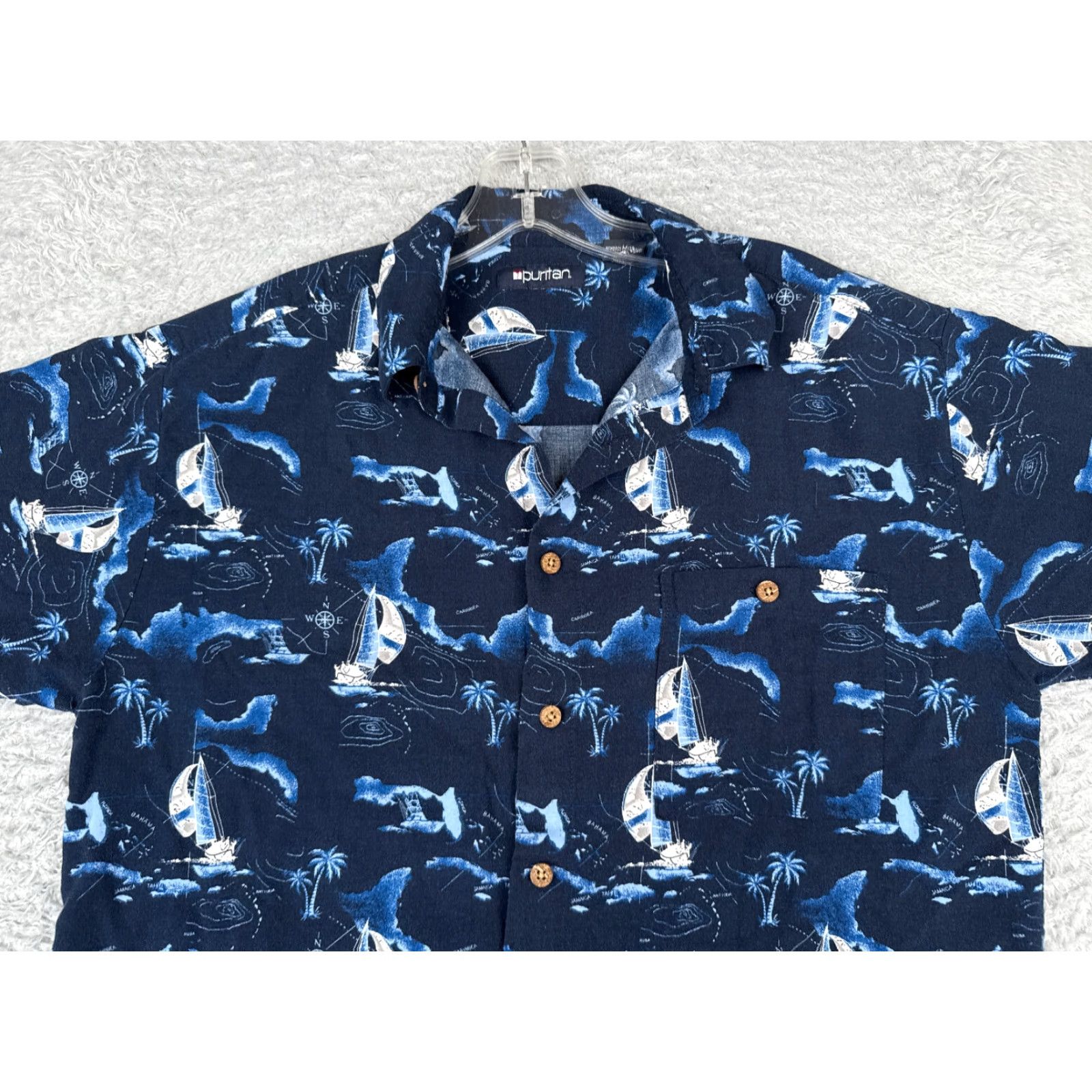 Vintage Puritan Shirt Mens Medium Blue Hawaiian Sailboat Palm Nautical Rayon Button Up Size US M / EU 48-50 / 2 - 4 Thumbnail