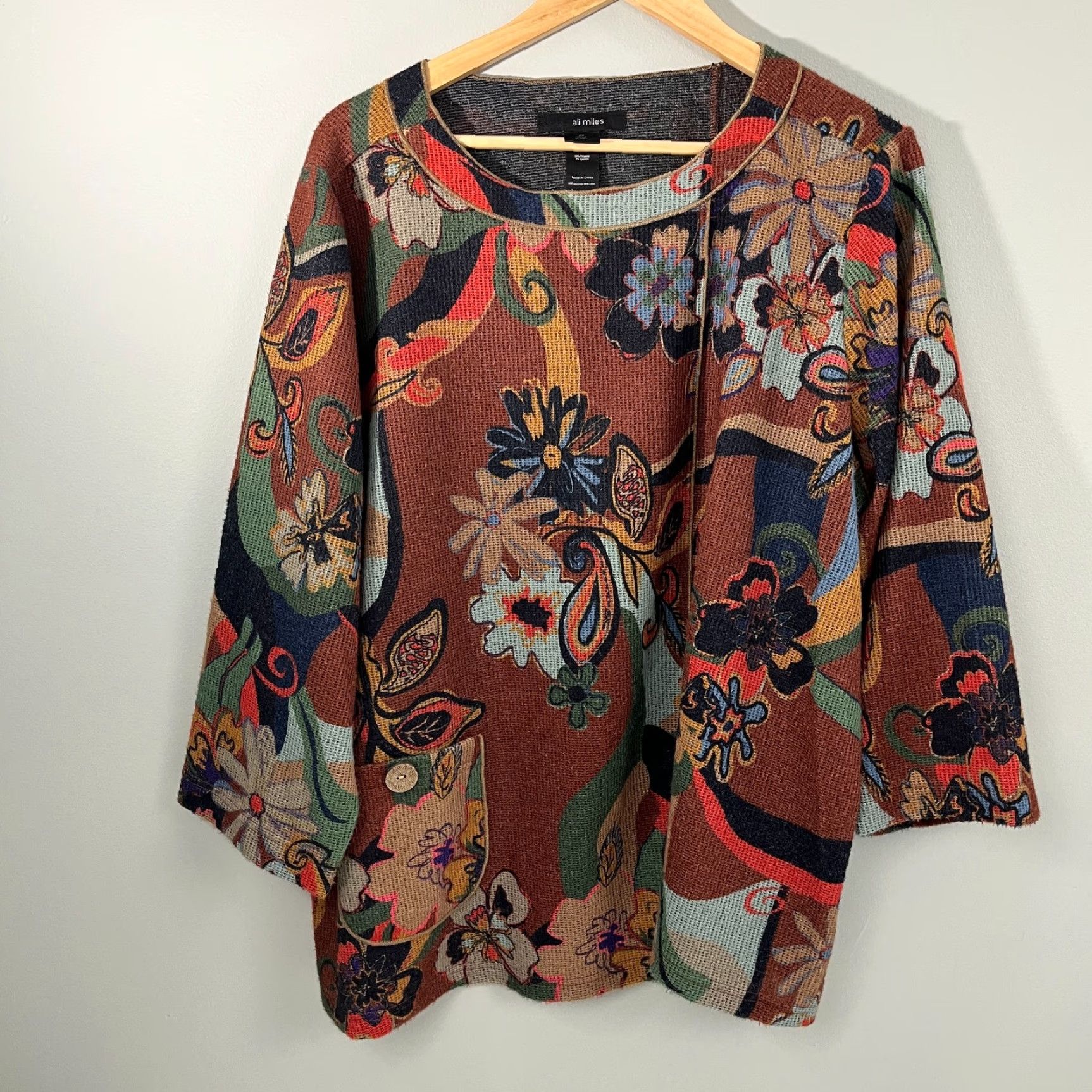 Vintage Ali Miles Blouse Womens 2X Brown Floral Abstract Knit Asymmetrical Spring Boho Shirt Women Plus Size 2X Floral Pattern 3/4 Sleeve Knit Blouse Size XXL / US 16-18 / IT 52-54 - 3 Thumbnail