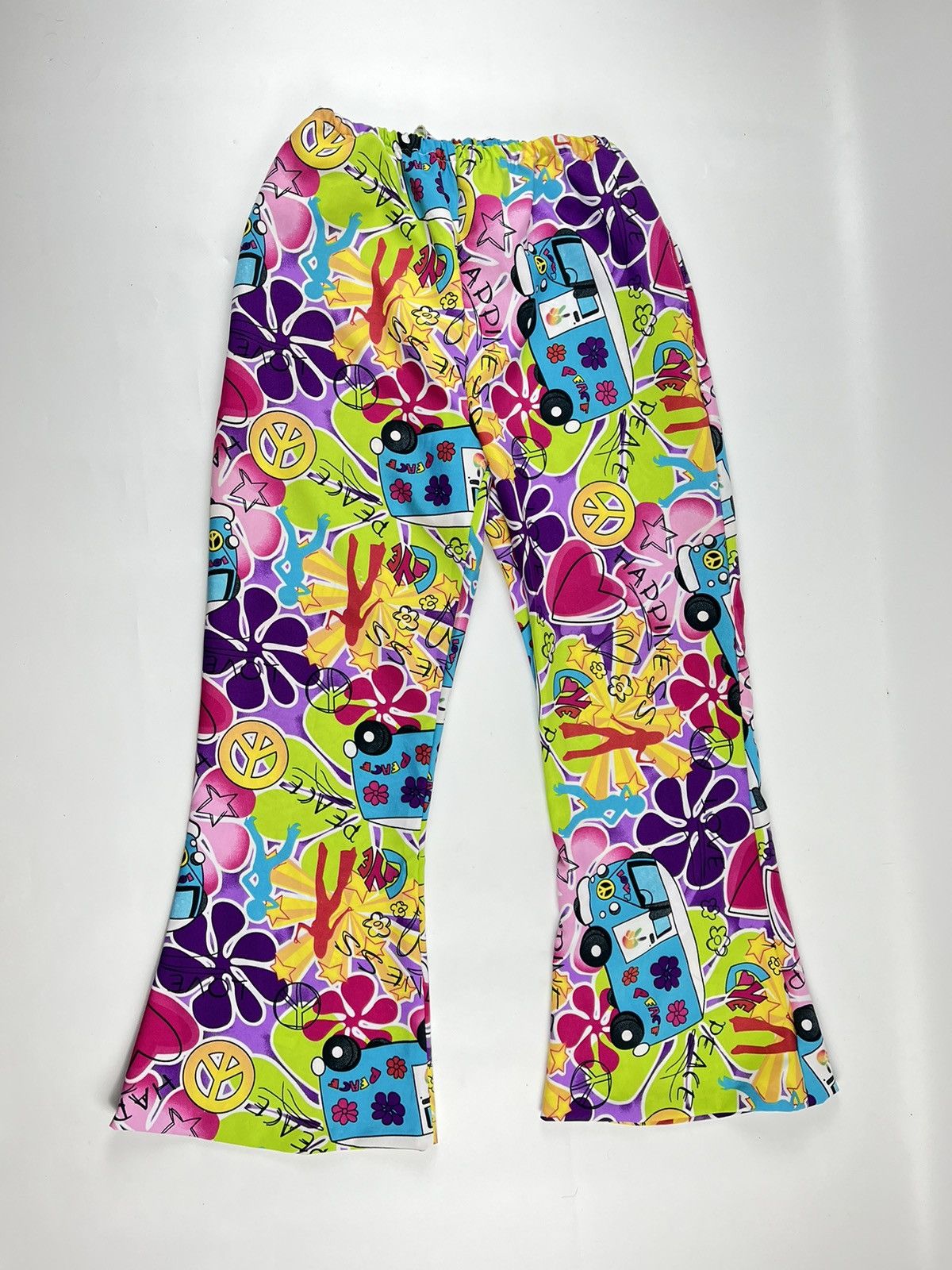 LSDworldpeace ☮️Multicolor peace hippie flared pants y2k trousers Size 29" - 2 Thumbnail