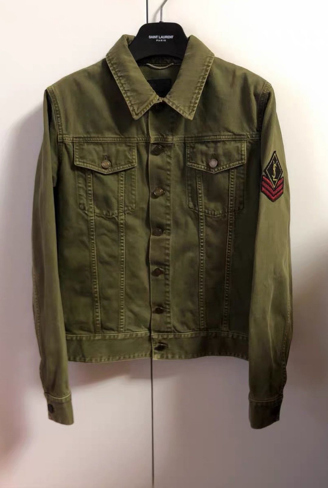 Saint Laurent Paris Saint Laurent Army Green Arm Badge Logo Denim Jacket Size US S / EU 44-46 / 1 - 1 Thumbnail
