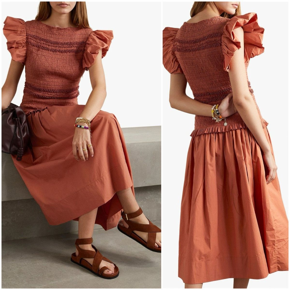 Ulla Johnson NWT Ulla Johnson Madeline Smocked Midi Dress Poplin Ruffle Size S / US 4 / IT 40 - 2 Thumbnail