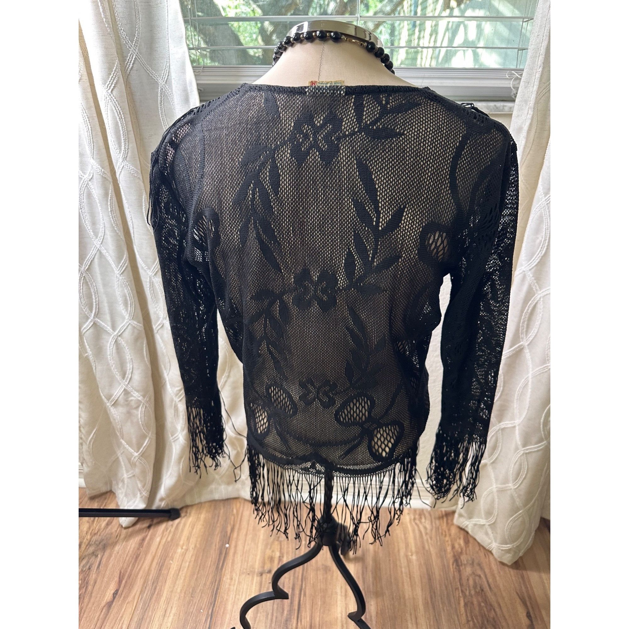 Japanese Brand VTG 1950 Black handwoven open knit blouse M floral lace Pa Size M / US 6-8 / IT 42-44 - 8 Thumbnail