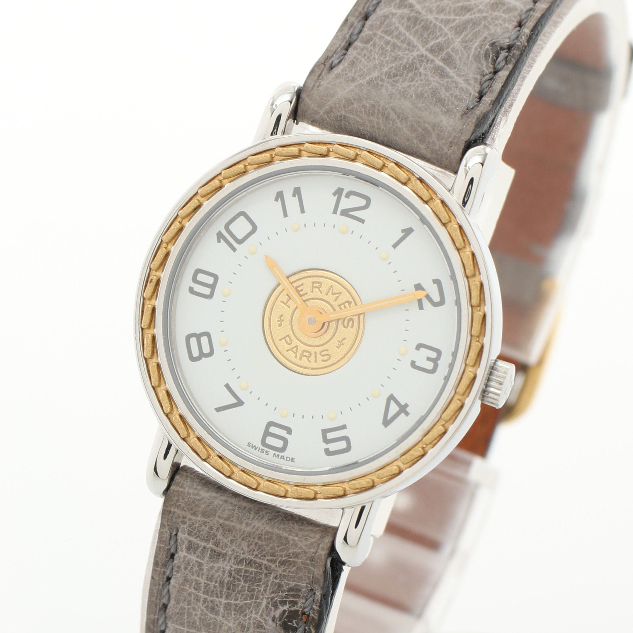 image of Hermes Serie Watch Women Watch Quartz Ss Ostrich Silver Gold Gray White Dial