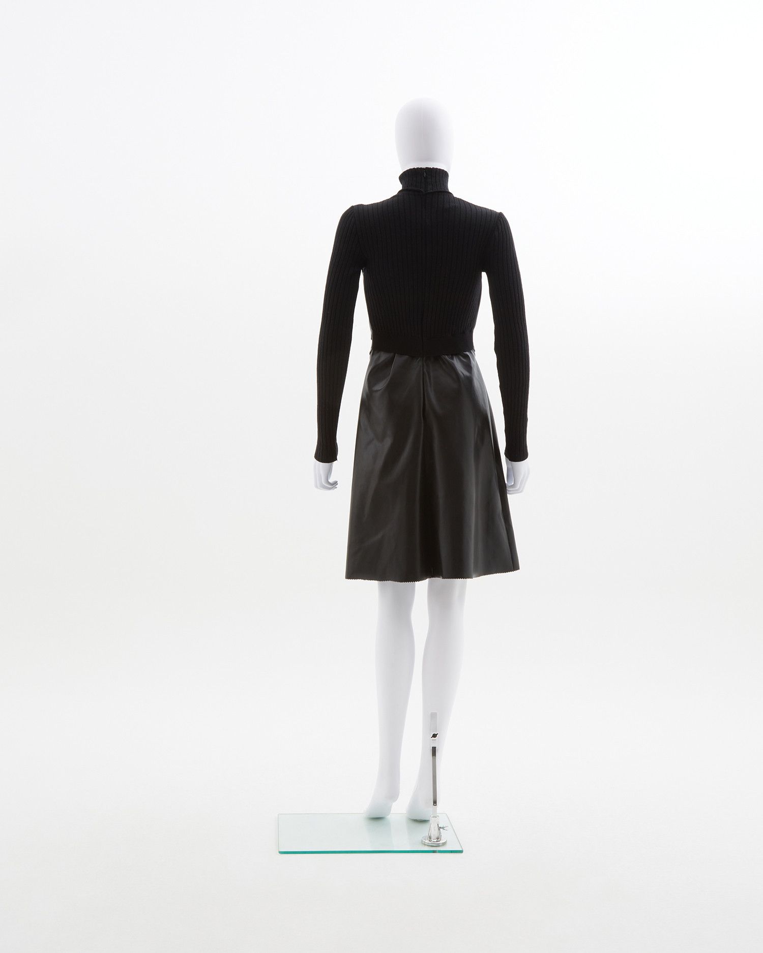 Jean Paul Gaultier Early 90's black leather & ribbed knit high-neck wool dress Size M / US 6-8 / IT 42-44 - 3 Thumbnail