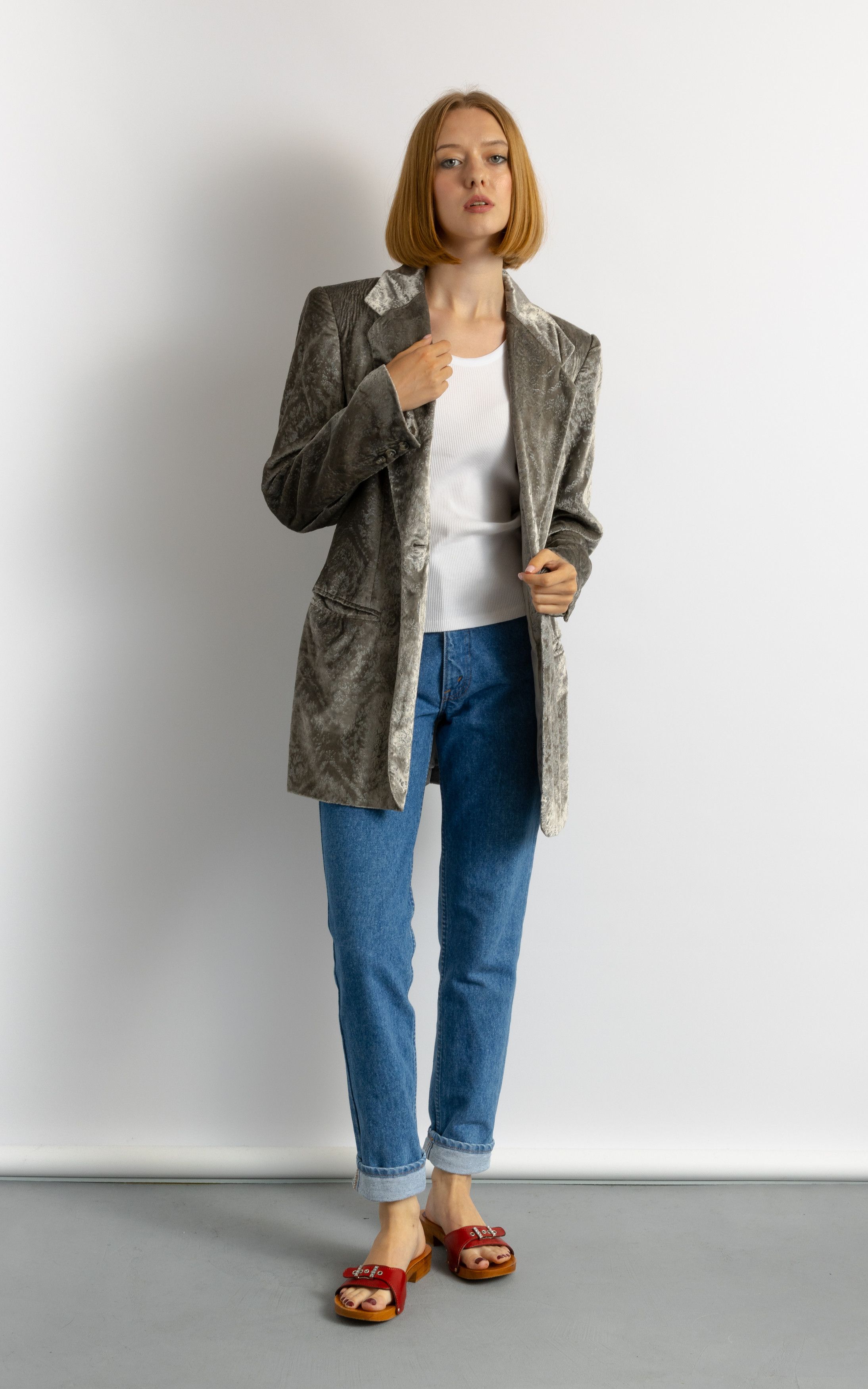 Escada LAUREL Velour Lined Silver Long Maxi Spring Blazer 7092 Size M / US 6-8 / IT 42-44 - 2 Thumbnail
