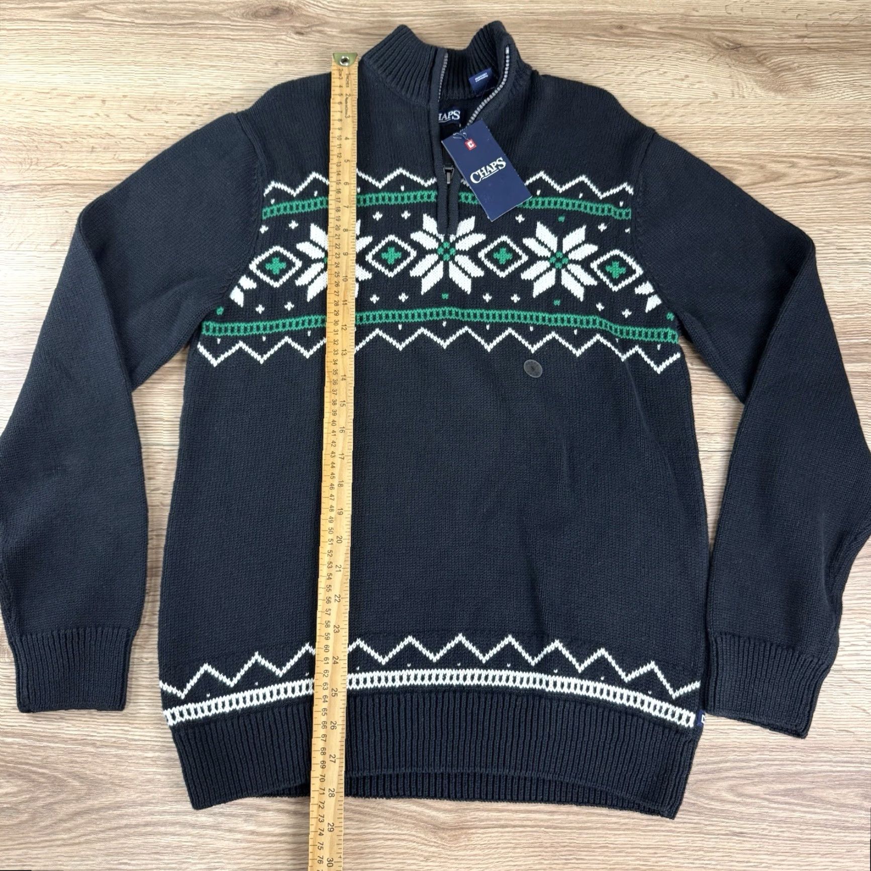 Chaps CHAPS Sweater 1/4 Zip 3/4 COLORFUL Snowflake Print Black/Green/White Size Small Mens Pullover Cotton Winter 1/4 Zip Mens Small Snowflake Print Sweater Size US S / EU 44-46 / 1 - 3 Thumbnail