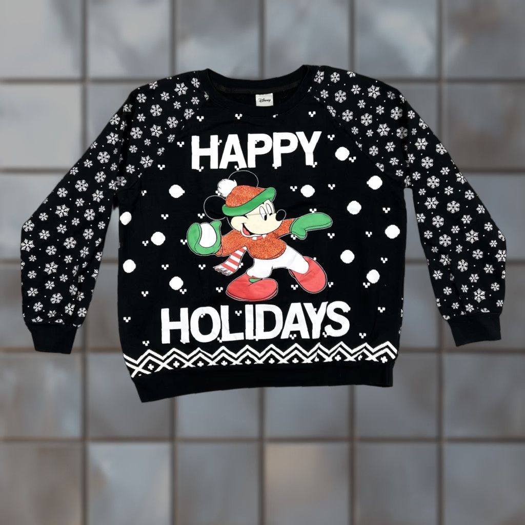 Disney Disney Sweatshirt Mickey Mouse Women's XL Crew Neck Black Fleece Interior Snowflakes Sparkle Graphic 15-17 Winter Athleisure Made by Disney Size XL / US 12-14 / IT 48-50 - 1 Thumbnail