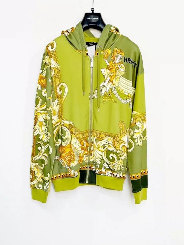 Versace Green Baroque Print Zip Hoodie - dmc