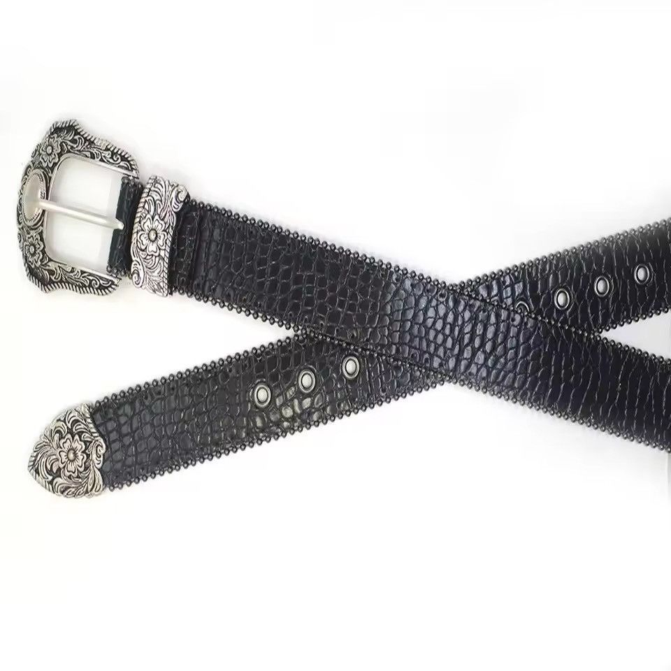 Japanese Brand Vintage style western silver crocodile pu leather belt Size 32 - 7 Thumbnail