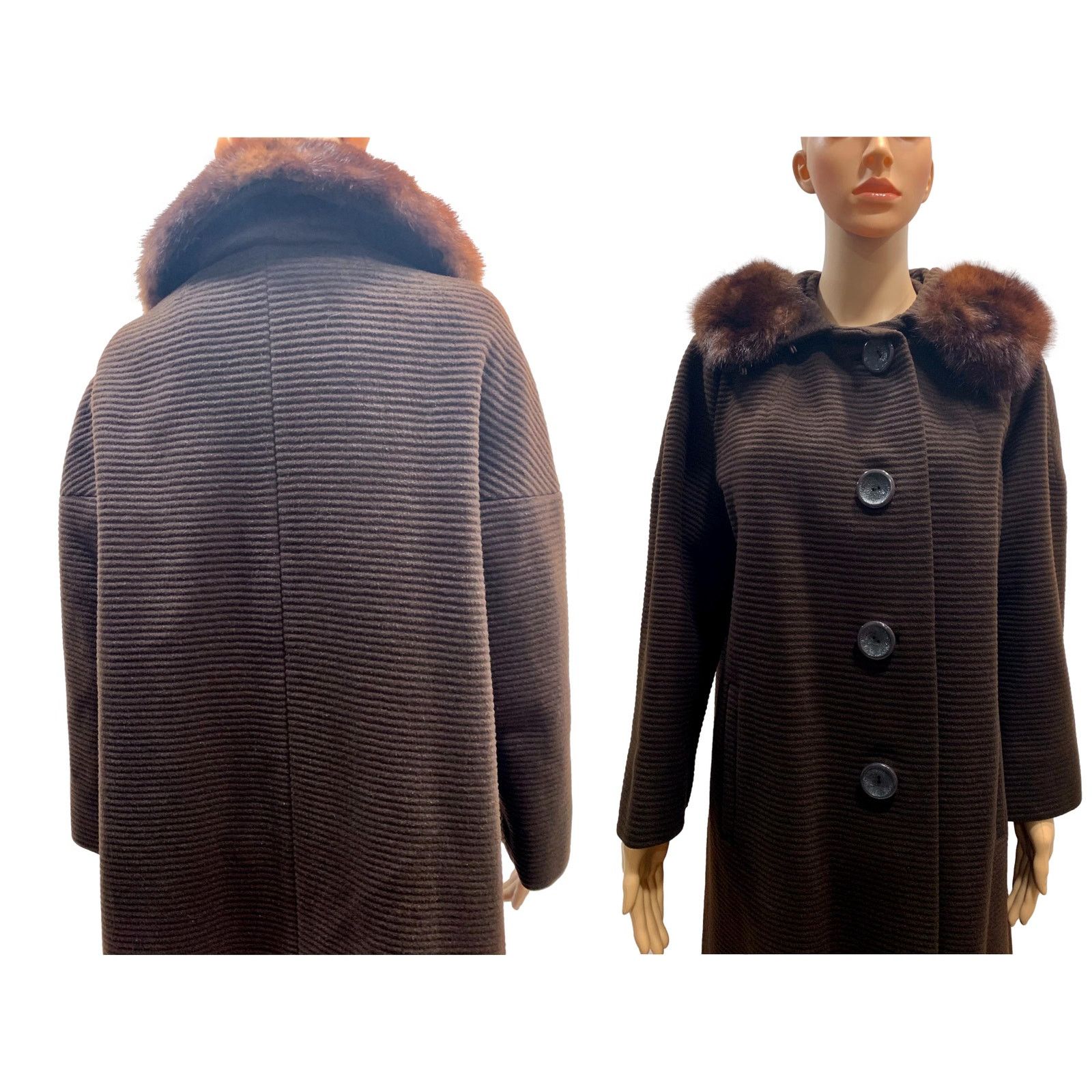 Vintage 60s Brown Ribbed Wool Coat w Mink Collar | Small Size S / US 4 / IT 40 - 8 Thumbnail