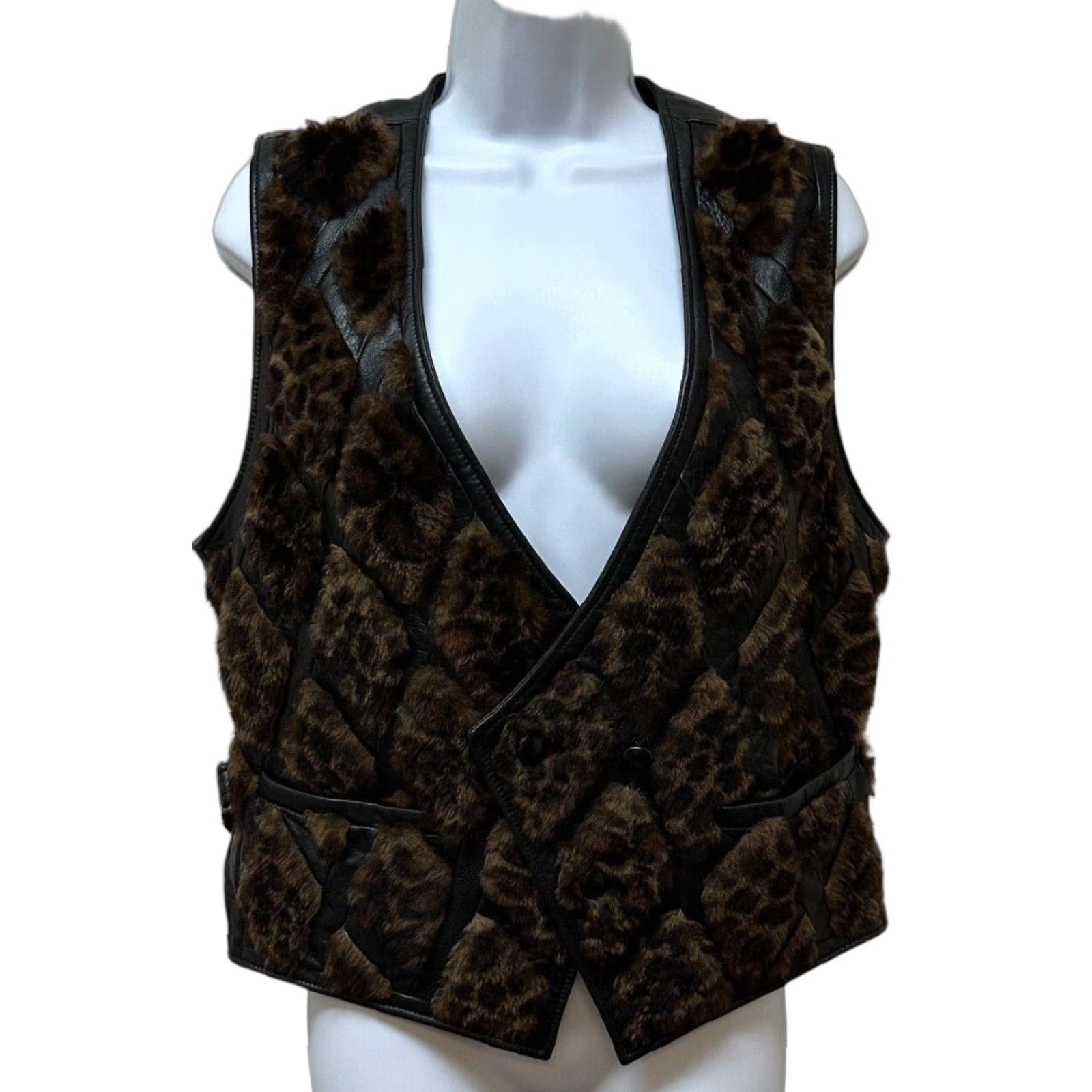 VINTAGE Lydia Creazioni Lamb Skin Leather Moto Vest 1980s Brown M/L Double Breasted Diamond Patchwork Womens