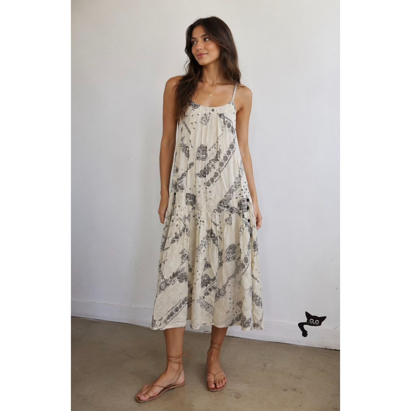 Anthropologie Anthro Cream Black Ruffle Spaghetti Strap Pleated Dress M Size M / US 6-8 / IT 42-44 - 2 Thumbnail
