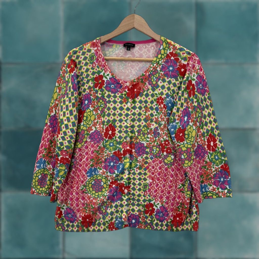 Talbots Talbots Cardigan Sweater Womens XL Multicolor Floral Print Button 3/4 Sleeve Crew Neck Knit All Seasons Casual Workwear Mens? Size XL / US 12-14 / IT 48-50 - 1 Thumbnail