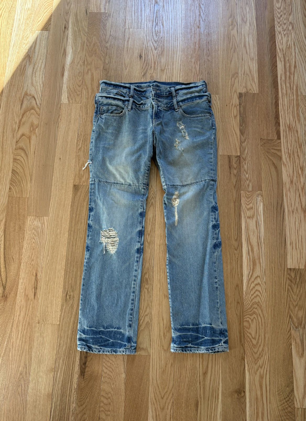 PPFM PPFM Double Waist Distressed Jeans Faded Denim XL 36x32 Size US 36 / EU 52 - 1 Thumbnail