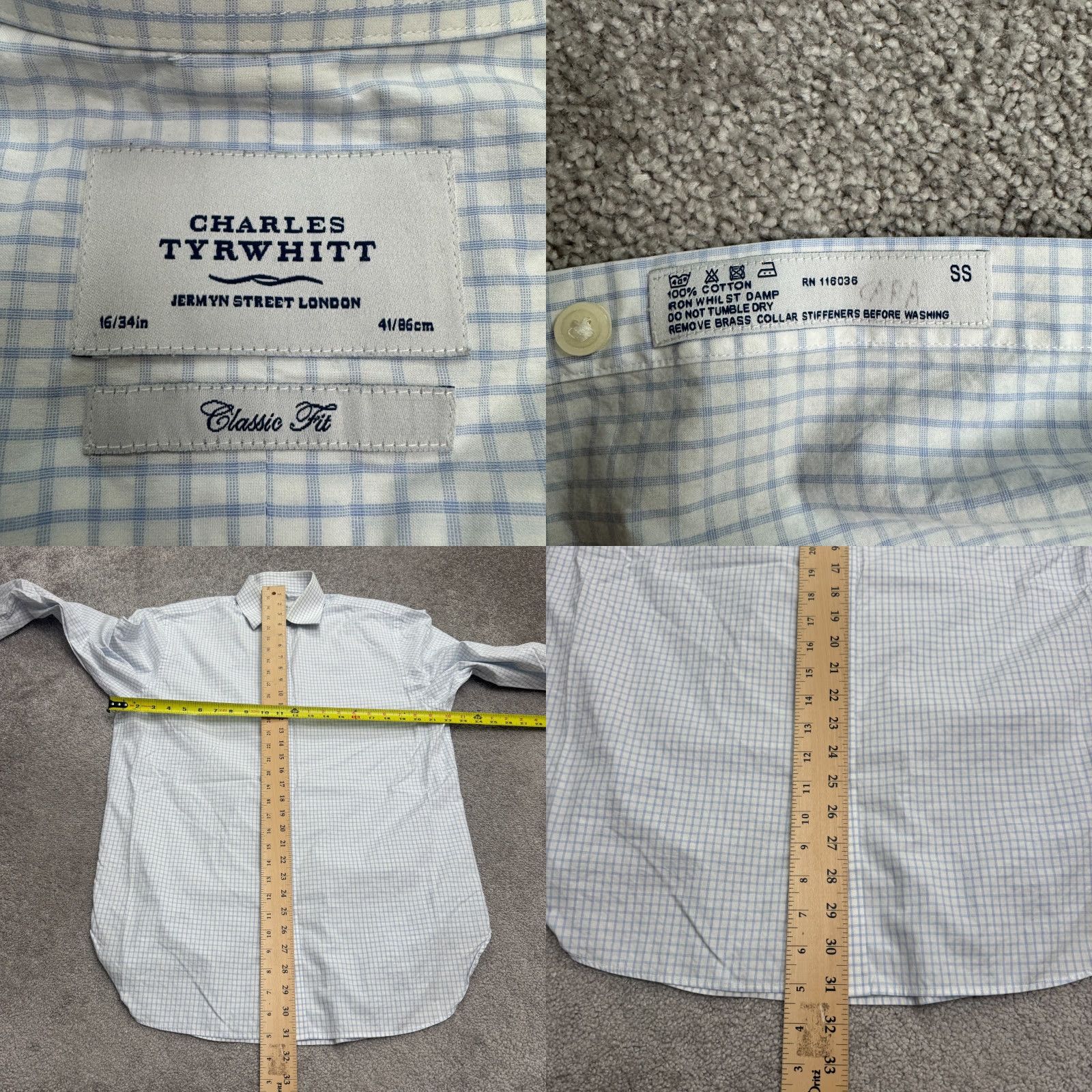 Charles Tyrwhitt VINTAGE Charles Tyrwhitt Classic Fit Dress Shirt Mens 16/34 Business Formal Cotton Check White/Blue Size 34R - 8 Thumbnail